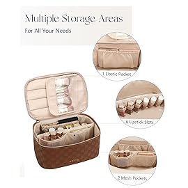 Prite Makeup Bag Portable Cosmetic Organizer with Brush Holder Waterproof Travel Toiletry Bag for Women with Handle and Divider (Checkered Brown)