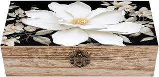Wood White Floral Keepsake Box Wooden Storage Box with Hinged Lid & Gold Buckle Rustic Memory Treasure Chest for Jewelry Craft Photo Letter Card Crystal Storage Wedding Bridal Shower Gift