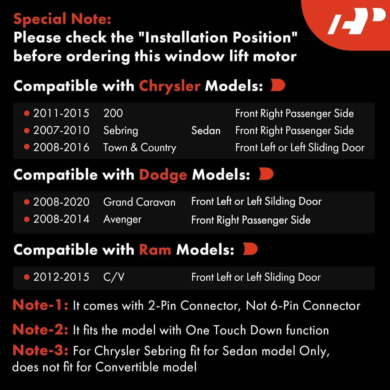 A-Premium Window Lift Motor Compatible with Dodge Grand Caravan 2008-2020, Avenger 2008-2014 & Chrysler Town & Country 2008-2016, 200, Sebring 2007-2010 & Ram C/V, Without Express Up & Down Function