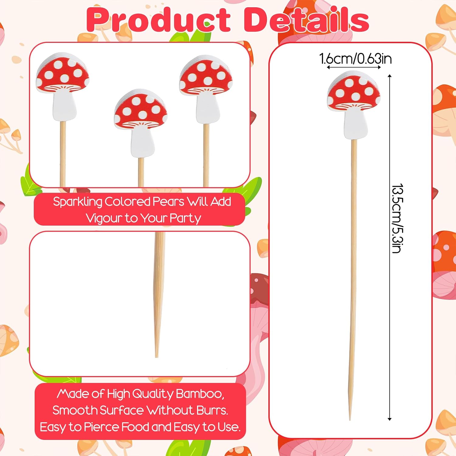 100Pcs Mushroom Cocktail Picks, Bamboo Toothpicks for Appetizers, Disposable Mushroom Party Picks for Fruit Toppers, Cupcake, Party