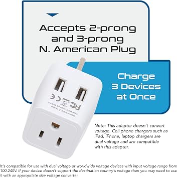 Ceptics US to UK Plug Adapter, Dual USB Adapter for UAE, Ireland, Hong Kong | UK Plug Adapter for Travel, UK Adapters for Travel from USA & Canada, Grounded Charger Adapter for Phones & Electronics