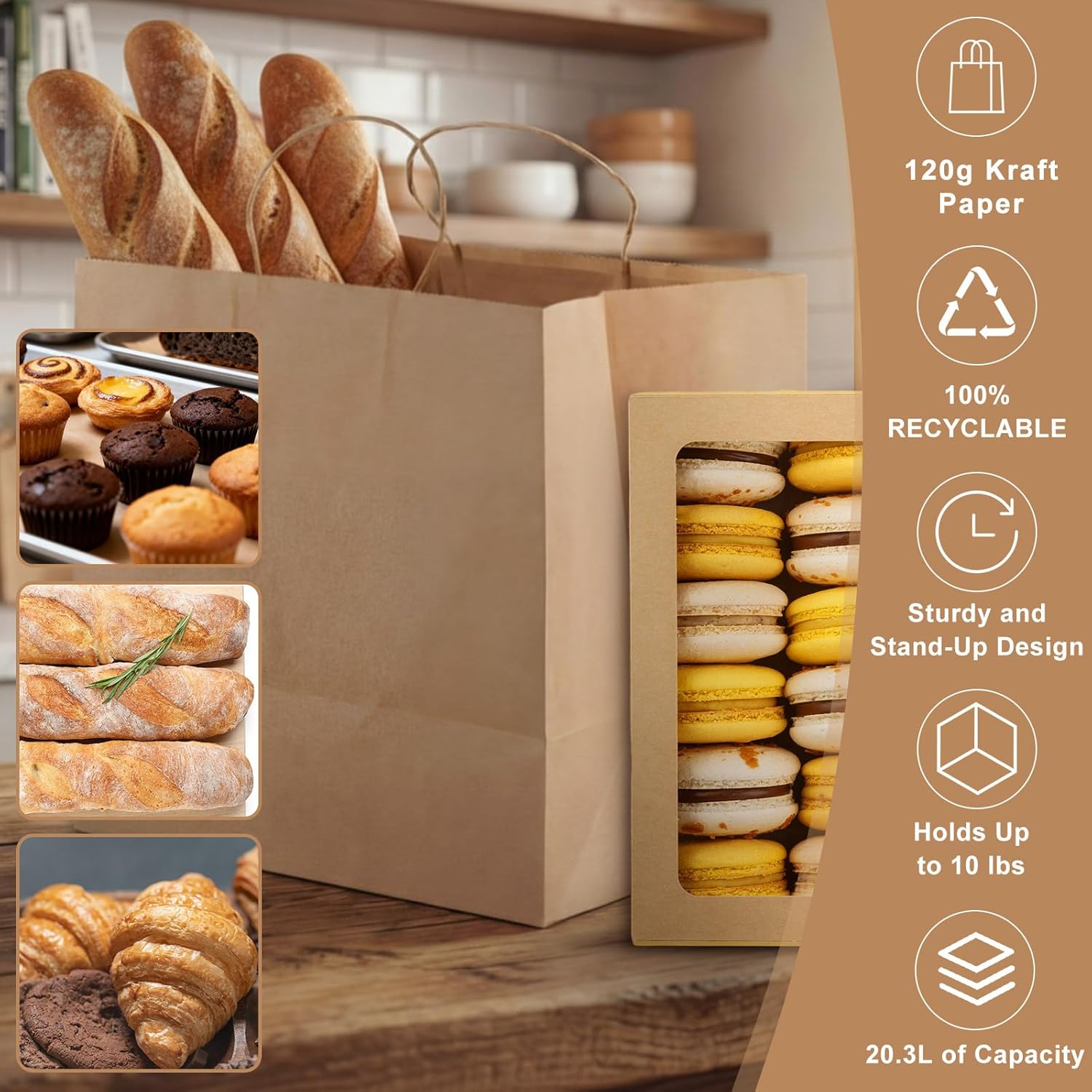 Marspark 60 Pcs Extra Large Paper Bags with Handles, 120 Gsm Wide Bottom Paper Gift Bags for Small Business, Shopping, Retail Stores and Party Favors, Holds up to 20.3l/10 Lbs (Brown)