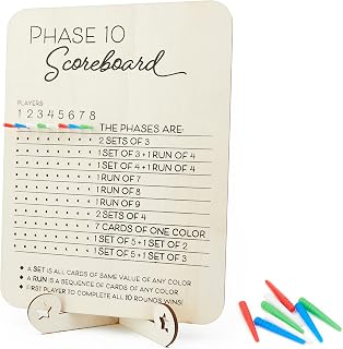 Phase 10 Scoreboard with 8 Colored Pegs and Stand – Phase Ten Card Game Score and Round Tracker – Game Night Accessory for Family Board Games, Adults, Kids, and Travel