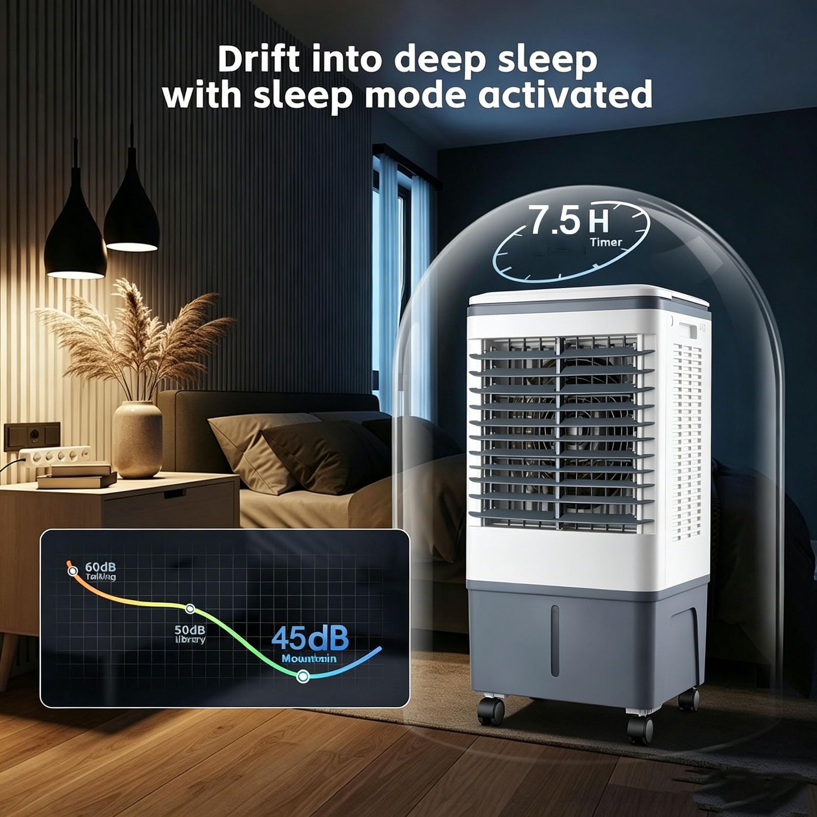 Raffreddatore d'aria evaporativo, 75 W, presa d'aria, ventola di raffreddamento portatile mobile, serbatoio dell'acqua visibile da 20 litri, 3 modalità, 3 velocità, per grandi stanze