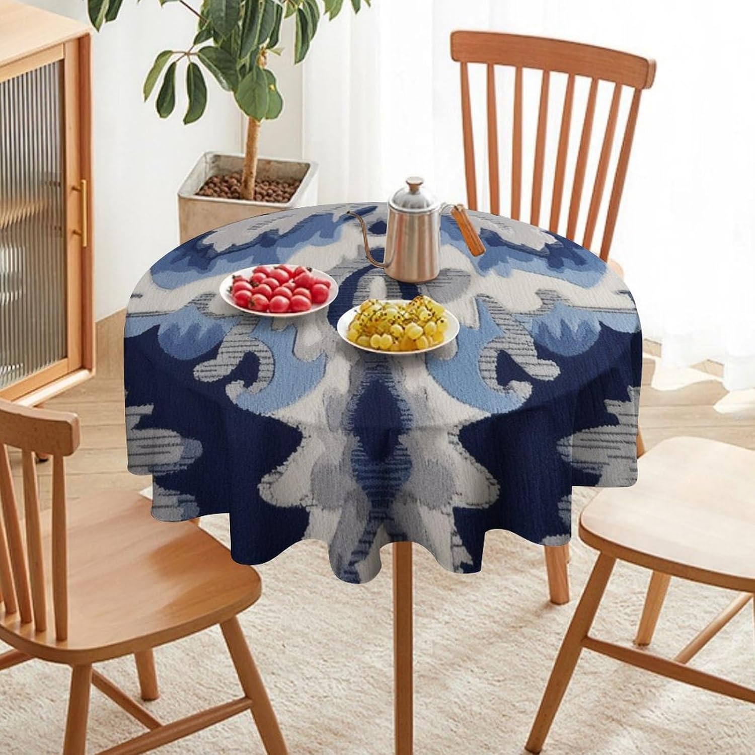 Cheyan Navy Blue Grey and Beige Ikat Pattern Print Round Table Cloth Chinoiserie Asian Circle Tablecloths Washable Table Cover for Indoor Outdoor Use Home Kitchen Dining Patio Picnic Table Decor 70in