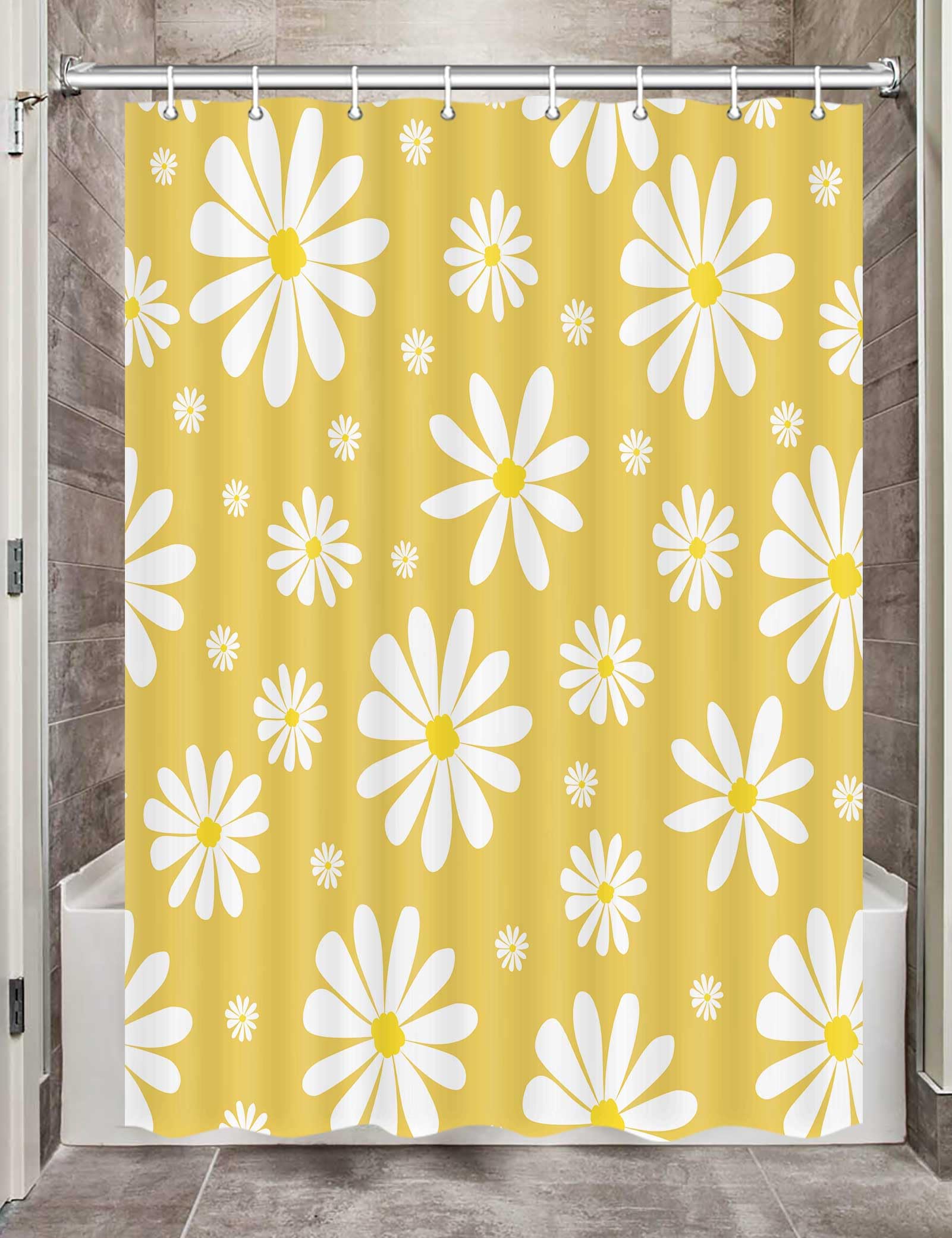 Yellow Daisy Floral Camper RV Shower Curtain for Travel Trailer Bathroom, Cute Boho Groovy Retro Flower Camping Small Narrow Shorter Fabric Shower Curtains Set, Happy Camp Decor with Hooks 47X64