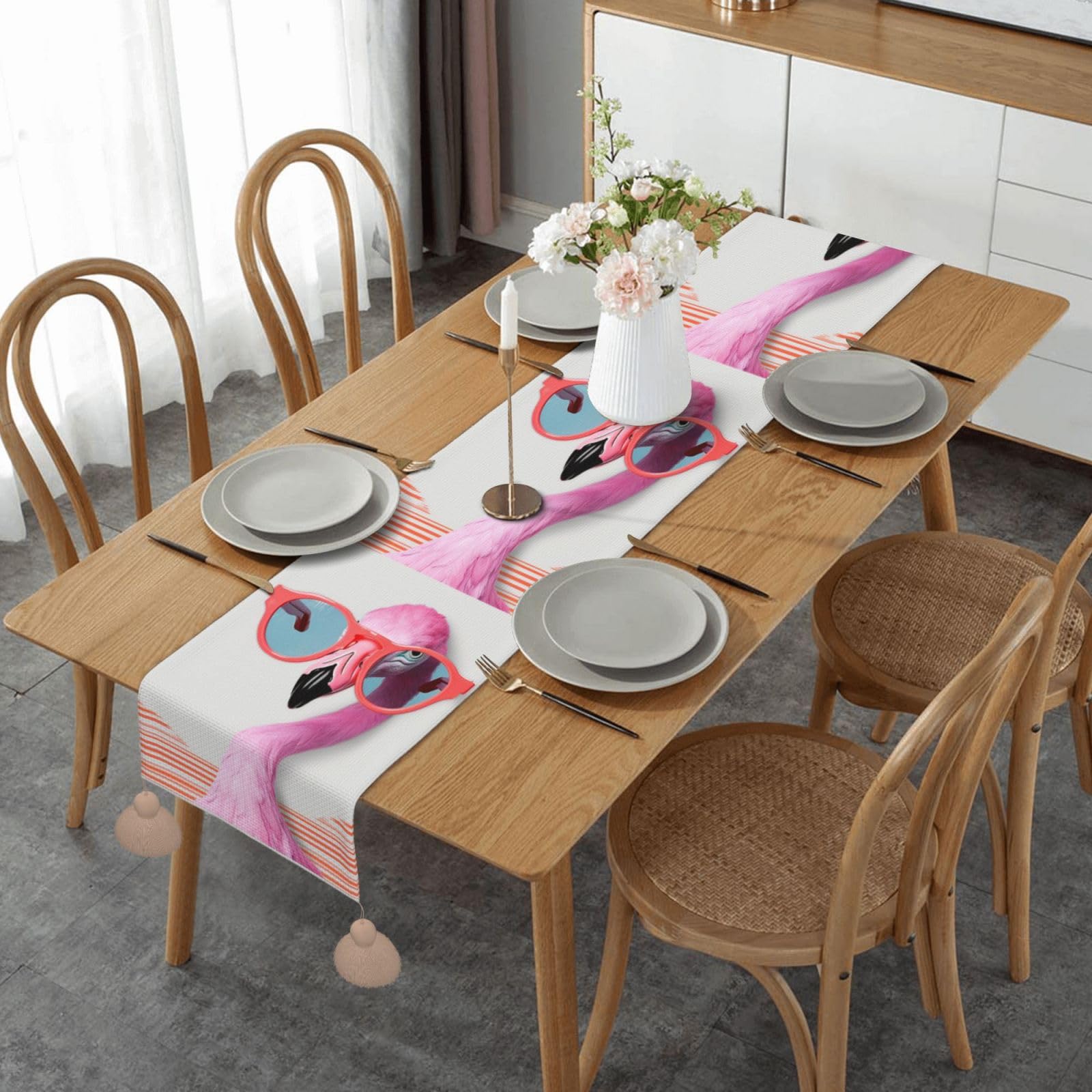 Chemin de table flamant rose lin décoration cuisine table salle à manger