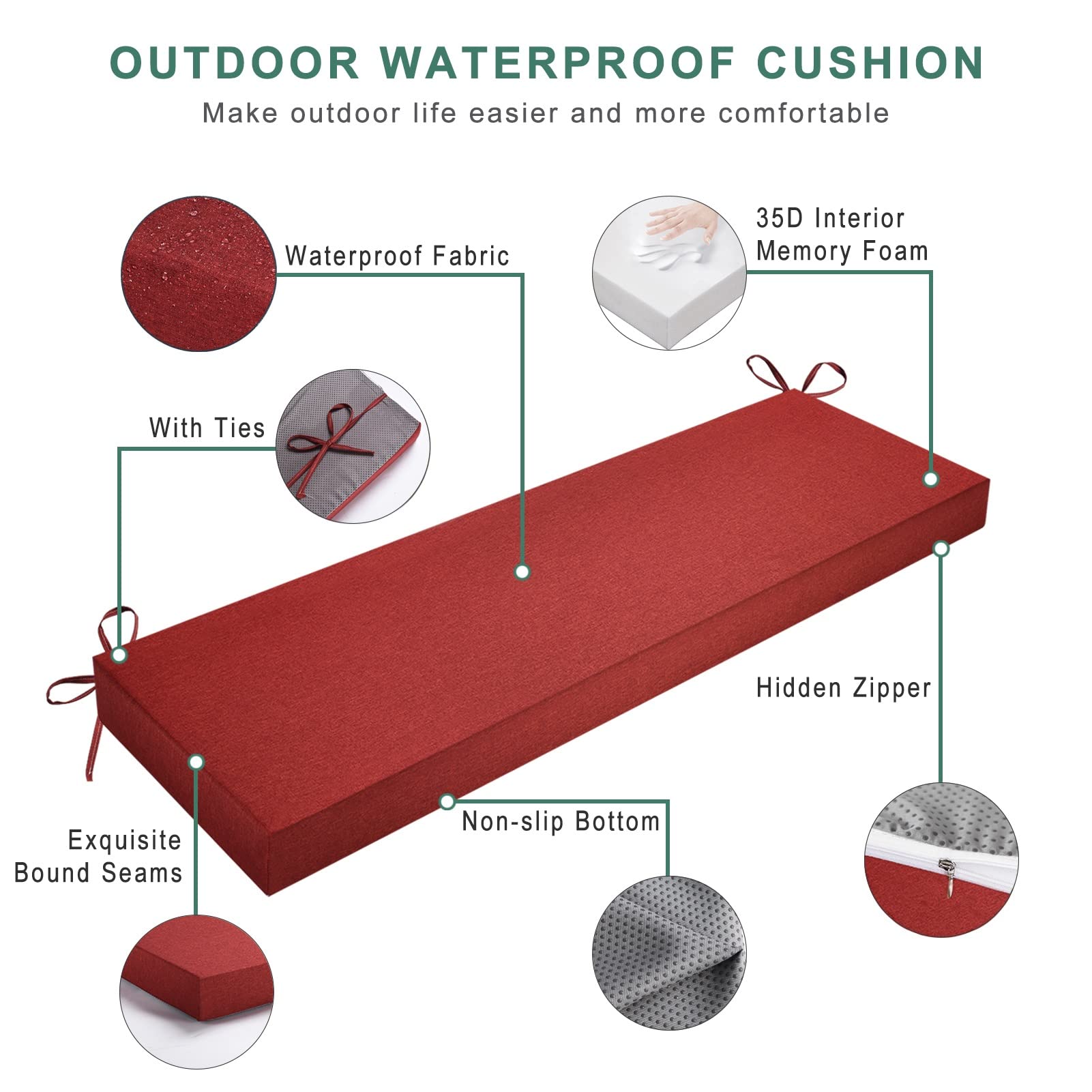 Cuscino impermeabile per panca da esterno, in schiuma spessa, per patio, mobili, finestre, divano (rosso, 45 x 45 x 10 cm), resistente e confortevole