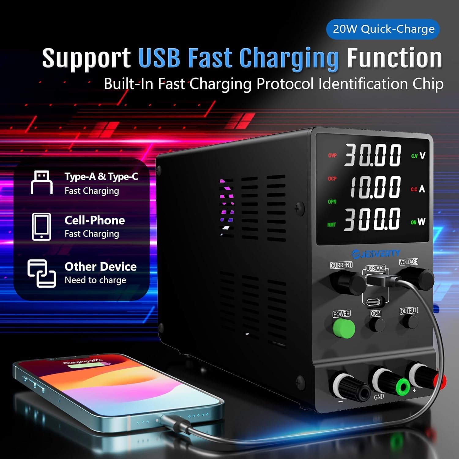 DC Power Supply Variable, 0-32V 0-10A Adjustable Switching DC Regulated Bench Power Supply with 20W USB & Type-C Quick-Charge, Encoder Knob, Output Switch, 4-Digit LED Display - SPS-3010M