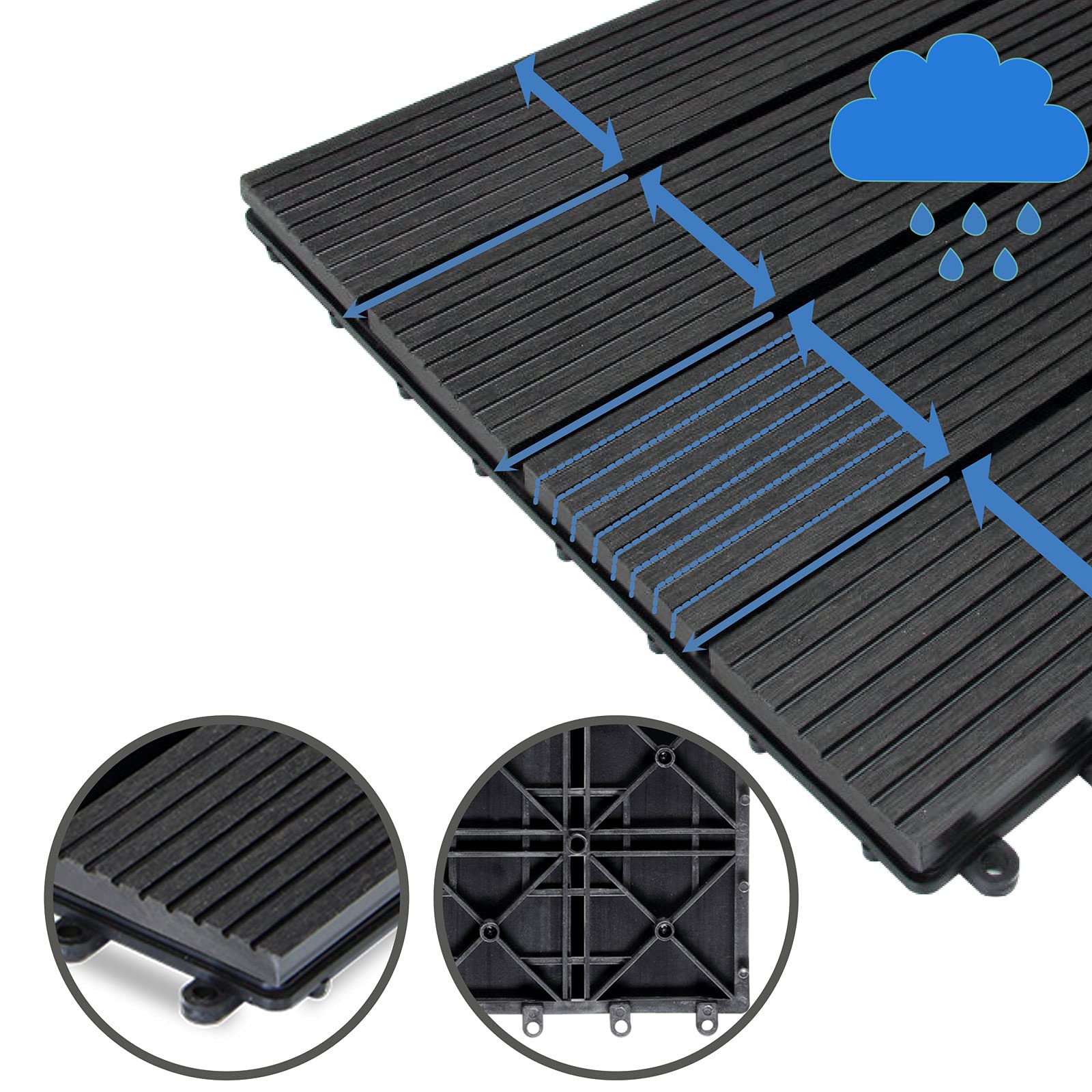 CASARIA® Set Baldosas Jardín Exterior WPC 30x30cm Losetas Madera Antideslizantes con Drenaje Suelo Terraza Balcón Sistema Click Aspecto Madera 4 Tablones Resistente a la Intemperie Antracita 1m²