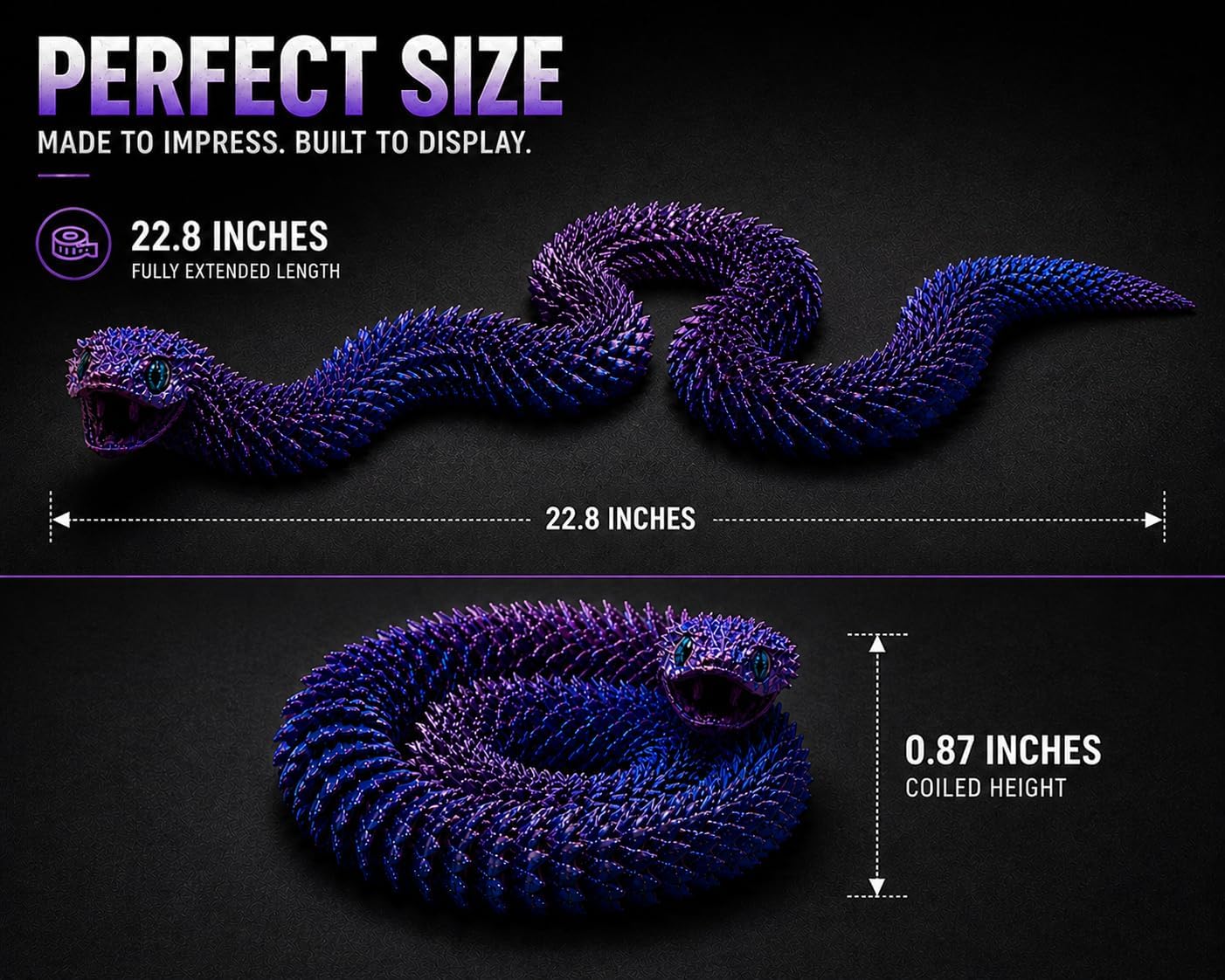 Articulated Crystal Snake with Moving Jaw, 22.8-Inch Flexible 3D Printed Fantasy Collectible, Poseable Desk Decor, Ages 14+ (Purple) image 3