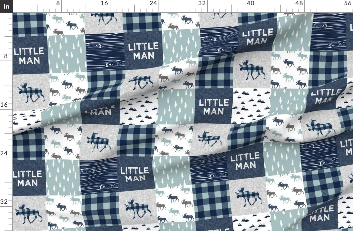 Spoonflower Fabric - Little Man Patchwork Navy Dusty Blue Woodland Cheater Quilt Moose Printed on Organic Cotton Sateen Fabric by The Yard - Sewing Quilting Apparel Home Decor