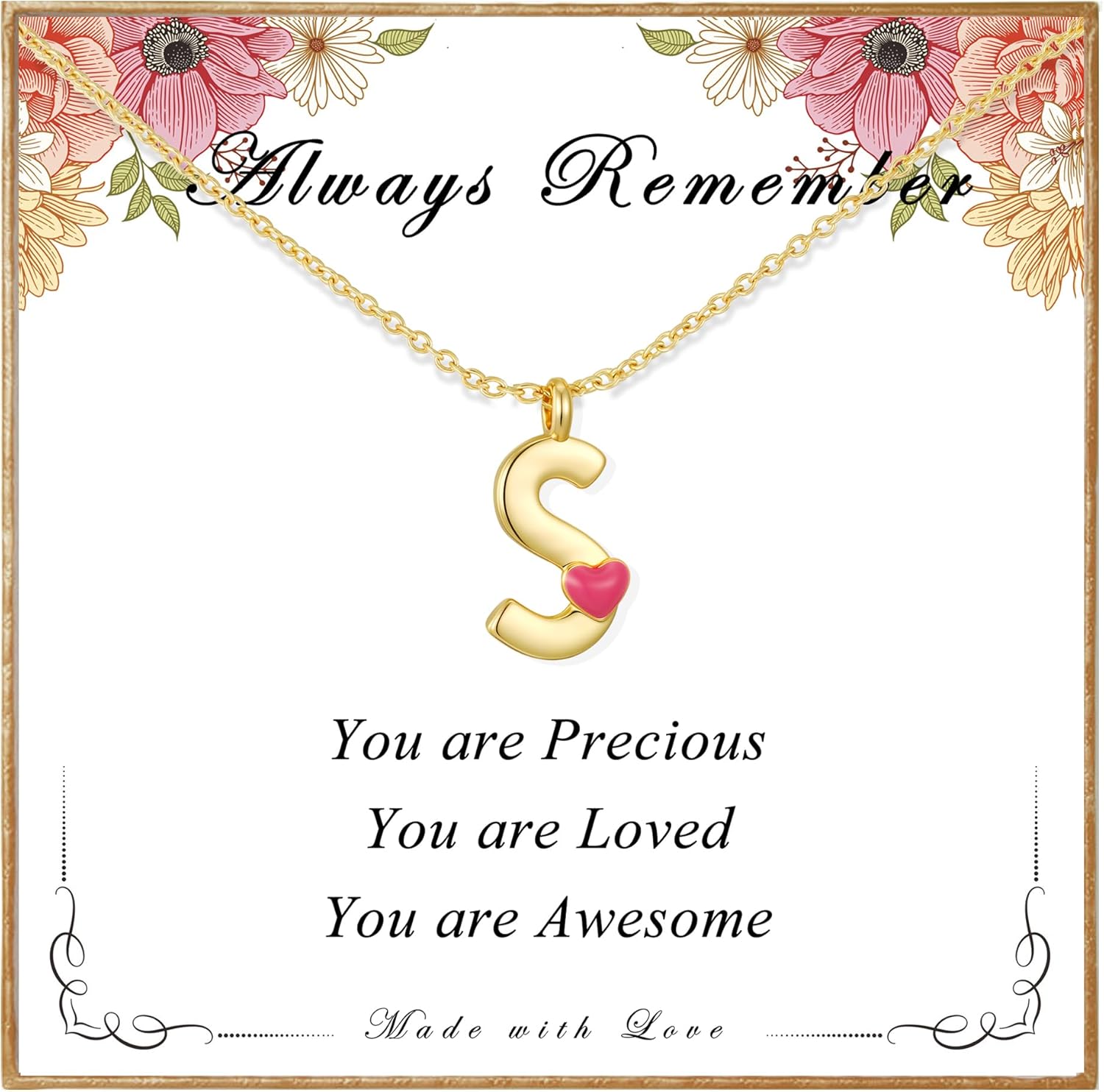 Valentines Day Gifts for Kids Teen Girls Initial Necklace for Women Dainty Pink Heart A-Z Initial Letter Gold Necklace Trendy Stuff Birthday Gift 16+2 inches