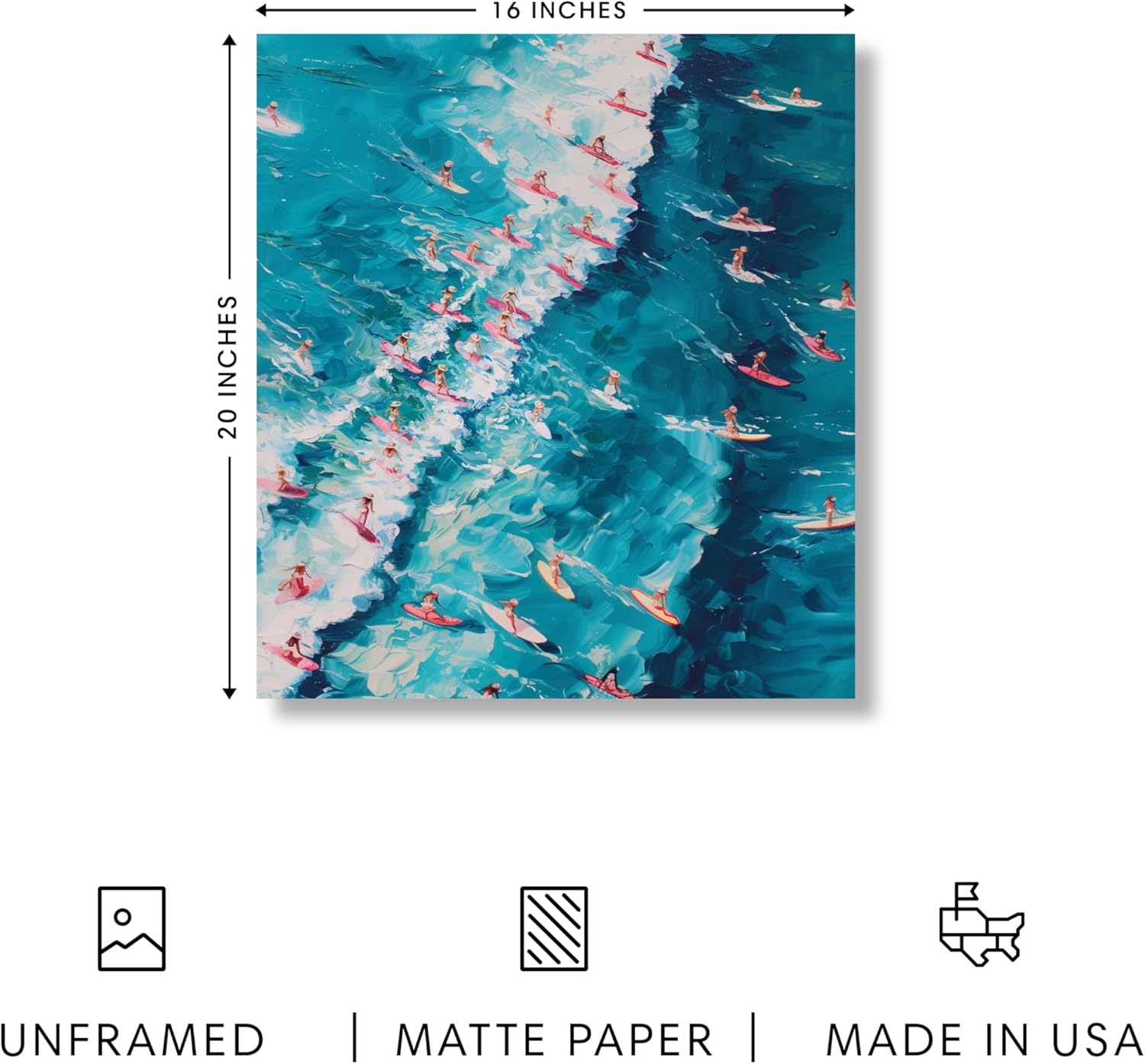 HAUS AND HUES Beach Wall Art - Coastal Art Print for Living Room, Beachy Wall Decor for Ocean-themed Bedroom, Modern Coastal Beach Painting(Pink Surfers, Unframed, 16x20)