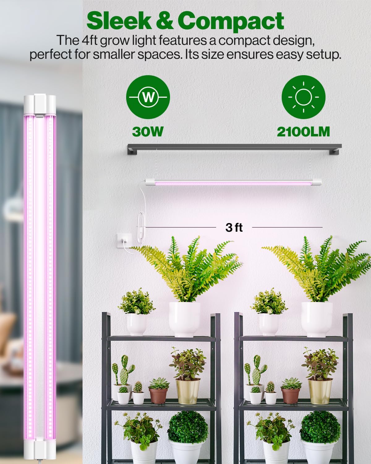 Sunco 3ft Grow Light LED, 30W, Full Spectrum, for Seed Starting, Seedling, Indoor Plants, Plug in Suspended Fixture, Link Up to 5, Inline Switch, UL/ETL 4 Pack.