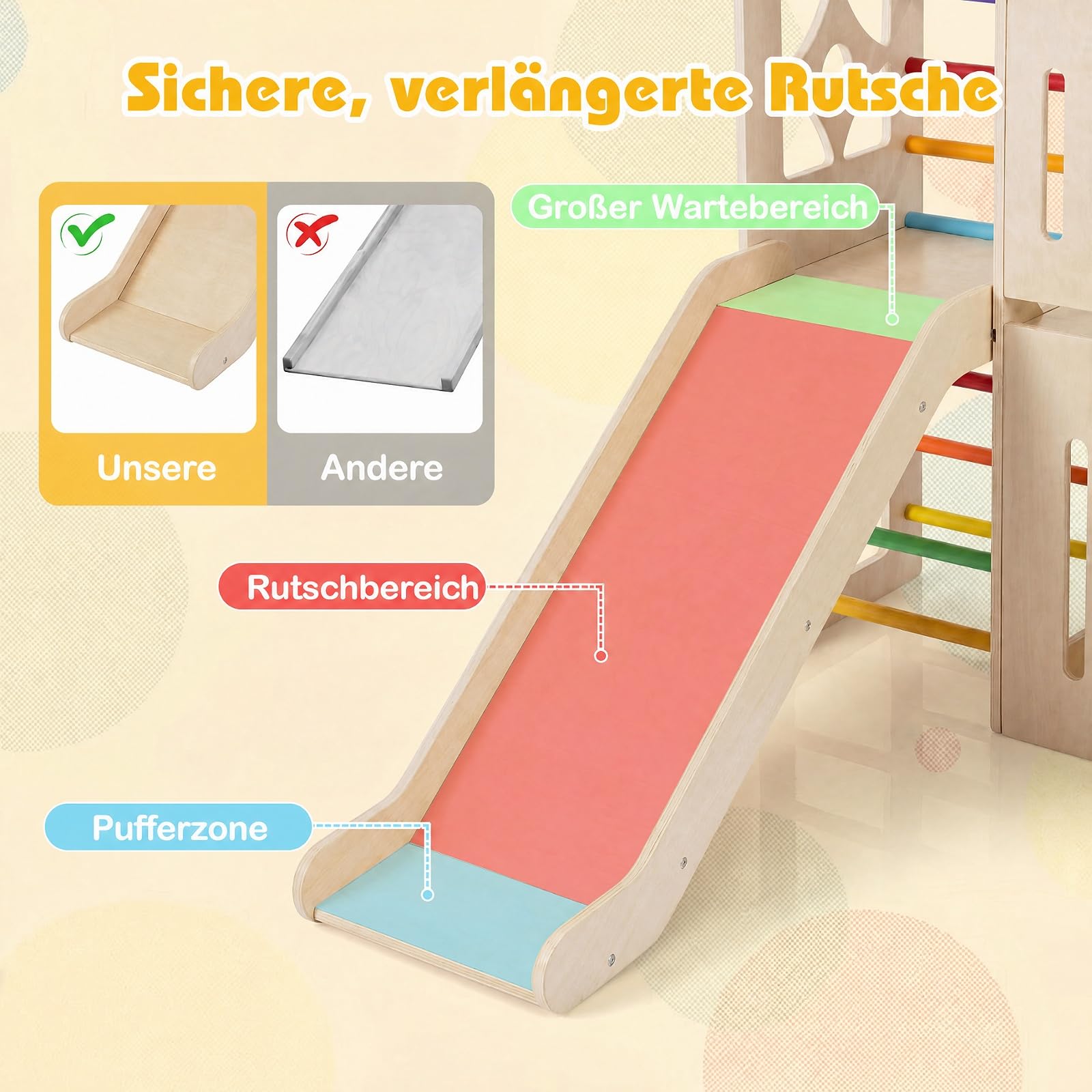 COSTWAY Kinder Rutsche Klettergerüst, 8-in-1 Indoor Spielplatz (Farbig) | Holz Rutsche mit Kletterleiter & Kletterrampe, Tunnel, Tafel, Stauraum, für Kinder ab 3 Jahren