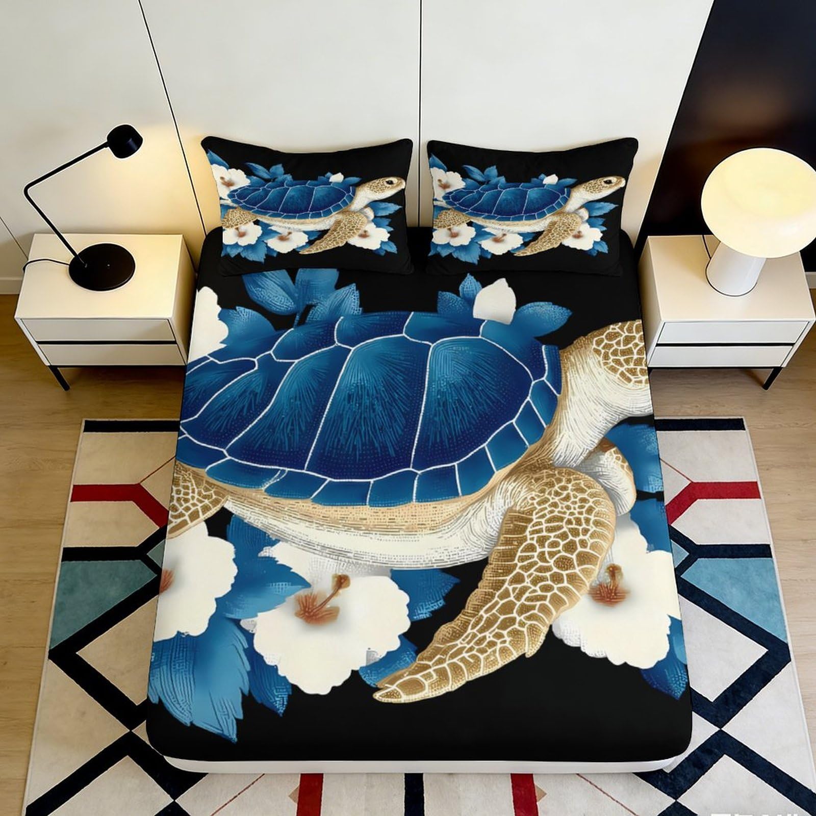 3D Printed Turtle Blue Floral Fitted Sheet Microfiber Soft Breathable Sea Life Bed Cover for Bedroom Dormitory Guest Room Mattress Protection 180x200x25cm