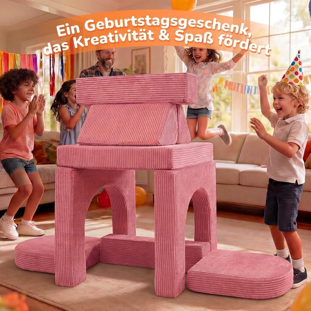 MeMoreCool Fancy Spielsofa für Kinder Cord– 10-teilige modulare Kindercouch Kindersofa Cord für das Spielzimmer, umwandelbare Kleinkindersitzgruppe, Schaumstoff Bausteine für Kinderzimmer, Rosa