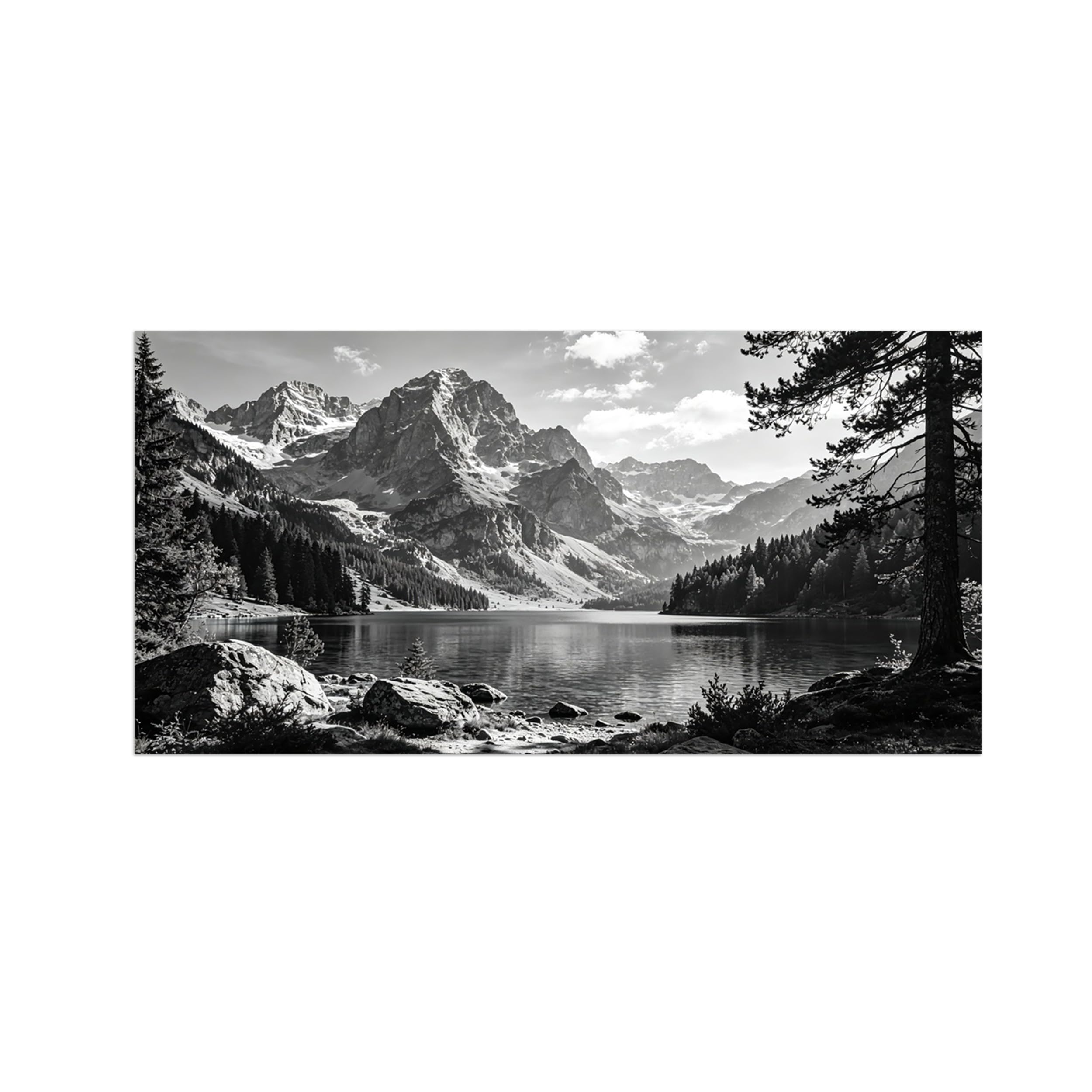 Black White Landscape Wall Art. Mountain Lake 3. Picture 20x40cm Framed