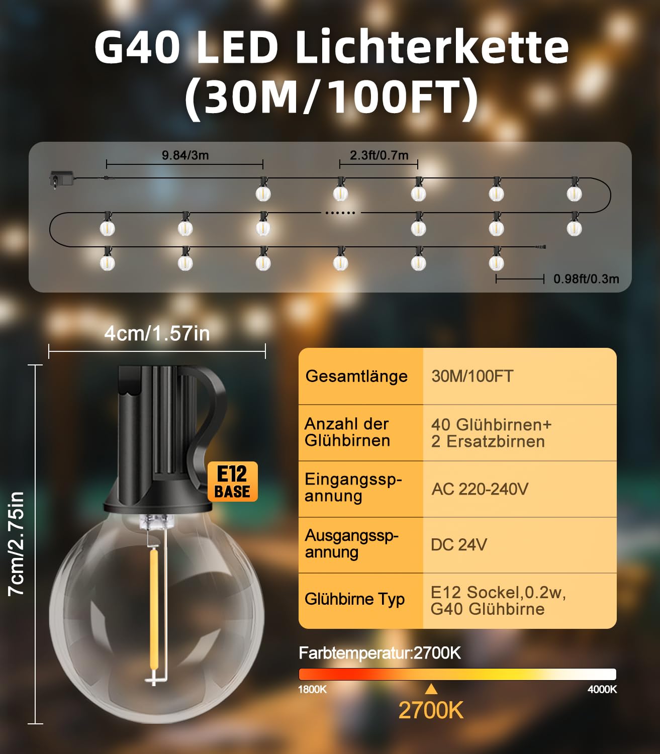 LED Lichterkette Außen 30M- 100FT G40 Glühbirnen Outdoor Beleuchtung Strombetrieben Wasserdicht Aussen