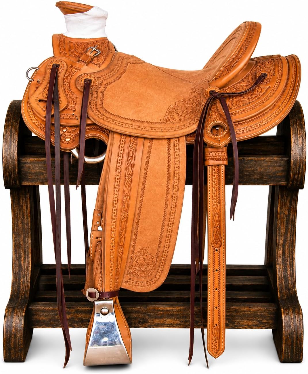 Wade Horse Saddle Tree A Fork Roping Ranch Work Handmade Tooled Carved Premium Leather Western Equestrian Trail Tack Adult & Pony Horse Riding Saddle, Size: 10-18 inch Seat, AD-12
