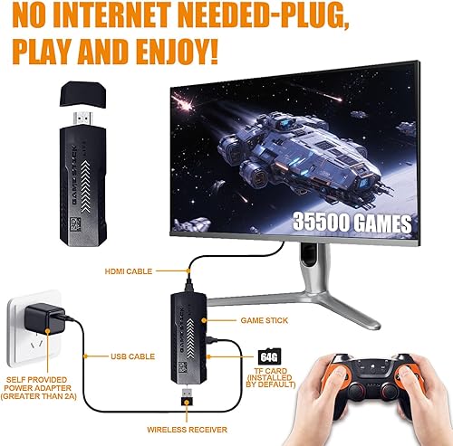 Miniatura 6 de Consola de juegos retro con más de 35500 juegos clásicos, 64 GB Plug & Play TV Stick, 43 emuladores, salida HDMI 4K, controladores inalámbricos