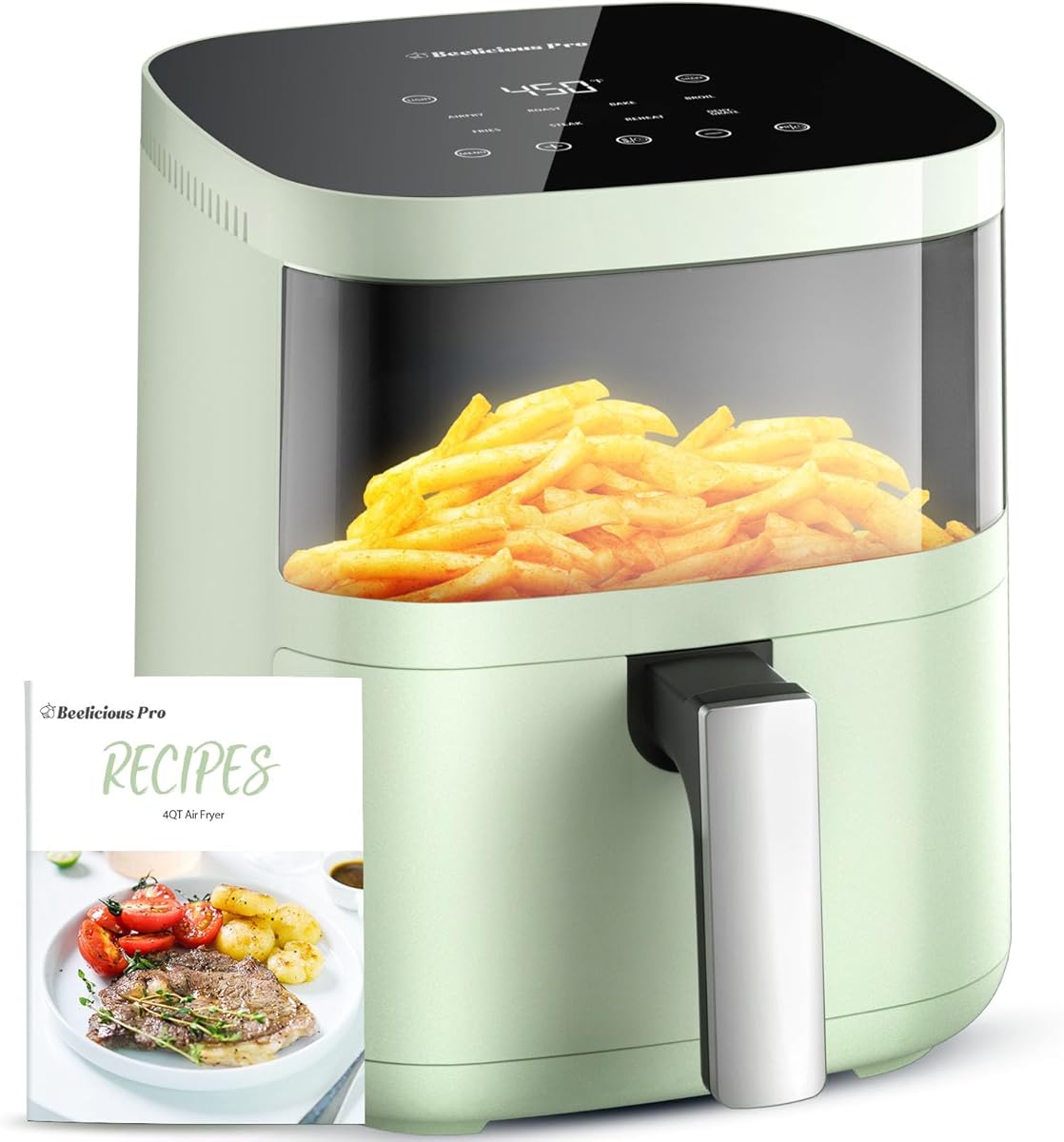 Air Fryer, Beelicious 8-in-1 Smart Compact 4QT Air Fryers with Viewing Window, Shake Reminder, 450°F Digital Airfryer with Flavor-Lock Tech, Dishwasher-Safe & Nonstick, Fit for 1-3 People, Avo Green