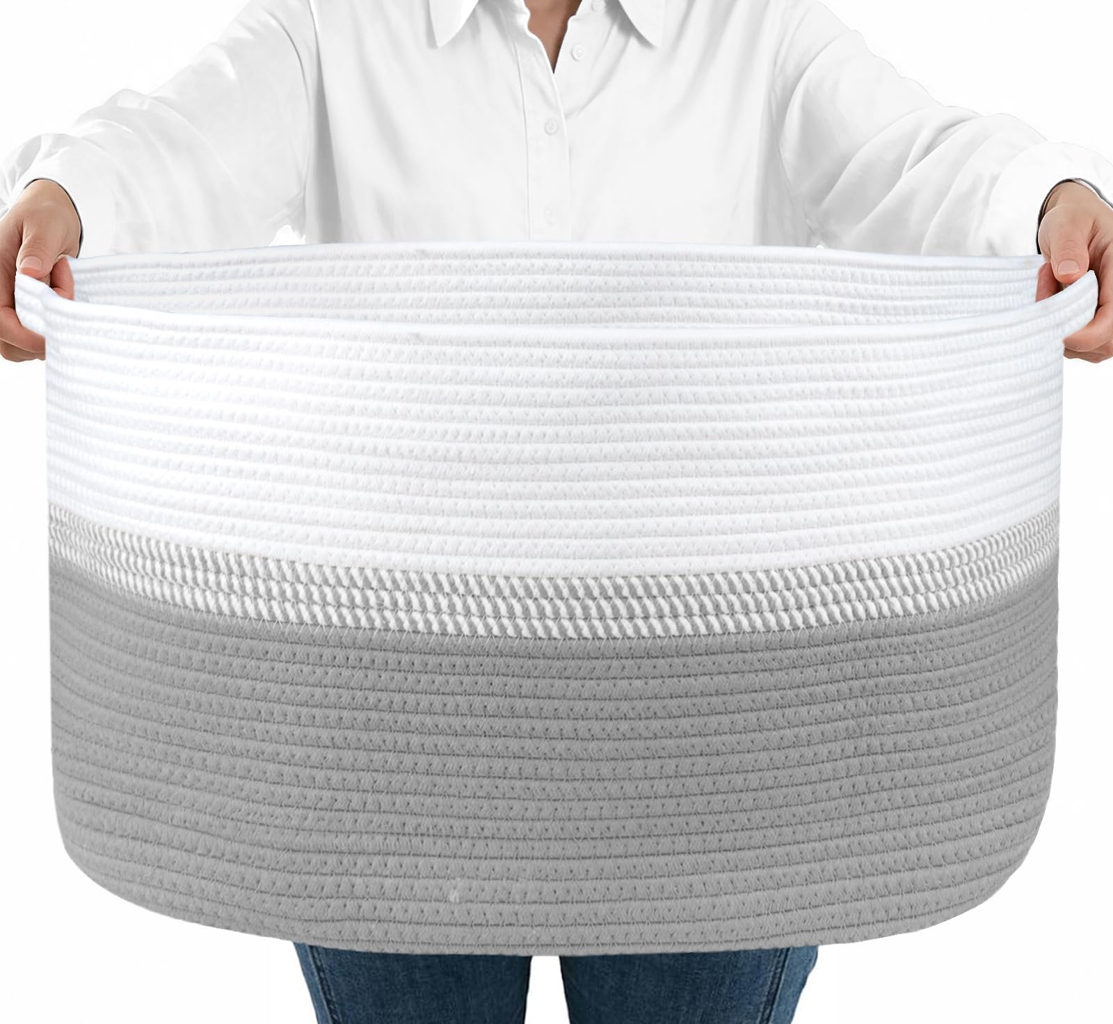 Lotvic 65L Large Laundry Basket with Handles, 58x38x30cm Cotton Rope Woven Storage Basket for Blankets, Clothes and Toys, Foldable Storage Baskets for Laundry, Bedroom, Nursery (Grey & White)
