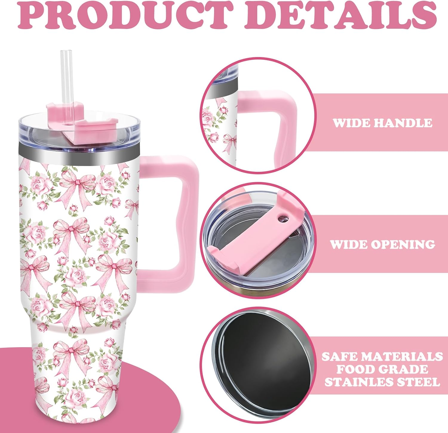 40Oz Bow Floral Tumbler with Straw & Lid Pink Bowknot Flower Travel Coffee Tumbler Cup with Handle for Spring Party Favor Supplies - Image 3