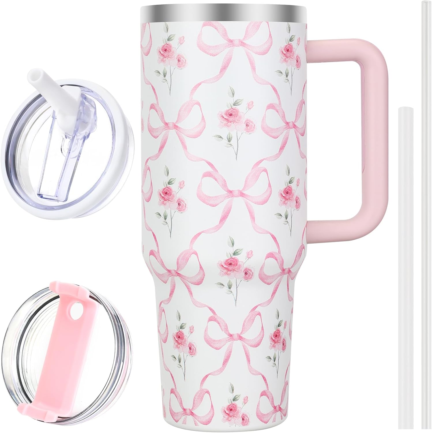 40 oz Pink Bow Floral Tumbler with Handle and Flip Straw Lid, Vacuum Insulated Leak Proof Double Walled Stainless Steel Travel Mug Flower Tumblers, Maintains Cold Ice and Heat for Hours