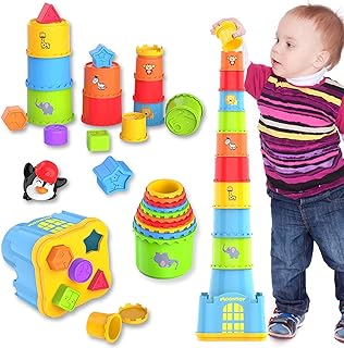 MOONTOY Stacking Cups,Baby Stacking Toys for 1 Year Old,Baby Stacking Block,19PCS Nesting Shape Sorter,Early Educational Bath Baby Toy for 1 2 3 Year Old, Toddlers Boys Girls Birthday Gift 12 Month