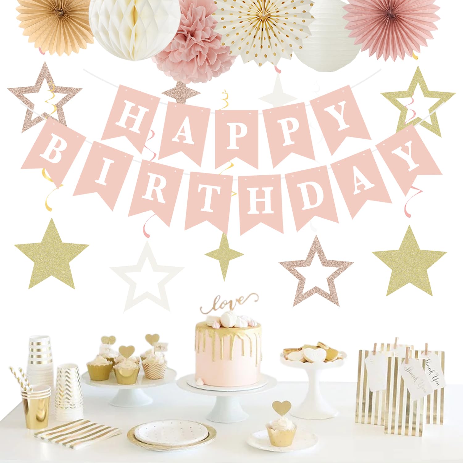 Pink Rose-Gold Party Decorations - 19pcs Boho Birthday Kit -4