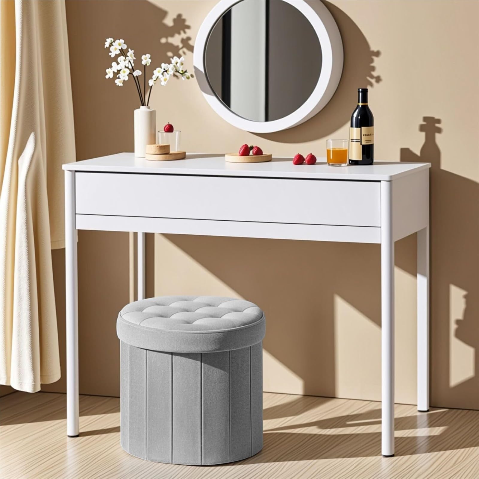 Ottomana Salón Reposapiés Plegable Redondo De Cuero Sintético con Tapa Y Almacenamiento Asiento Extra(Grey (Suede))