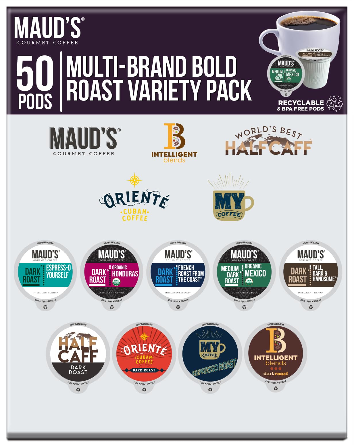 Intelligent BlendsDark Roast Coffee Pods Variety Pack, 50 ct, Recyclable Single Serve Pods – 100% Arabica Coffee, Compatible with Keurig K Cups Maker
