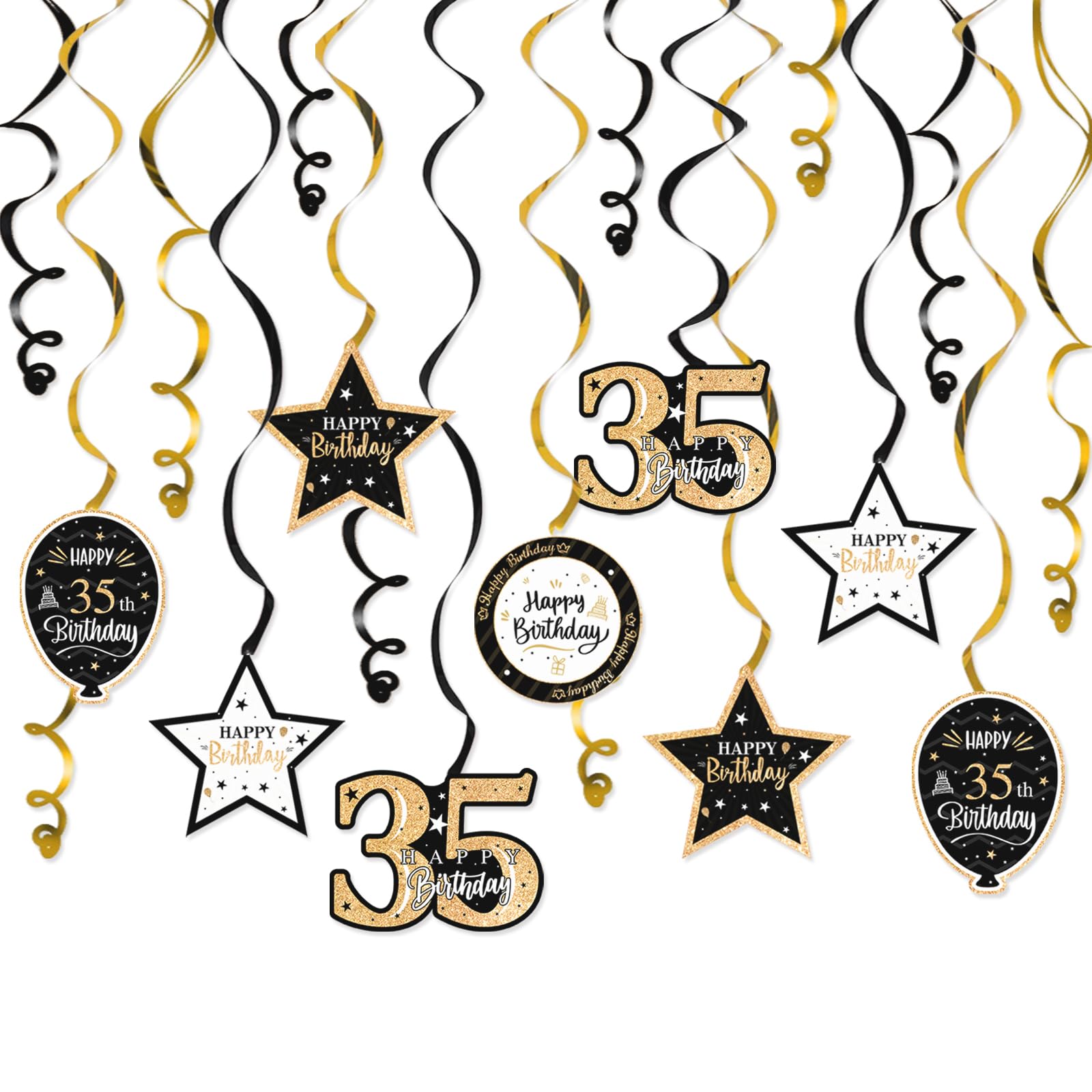Nelbiirth Happy 35th Birthday Black & Gold Glitter Swirls Streamers Party Decorations - 15 Pcs 35th Birthday Hanging Swirls Streamers Kit,Perfect for