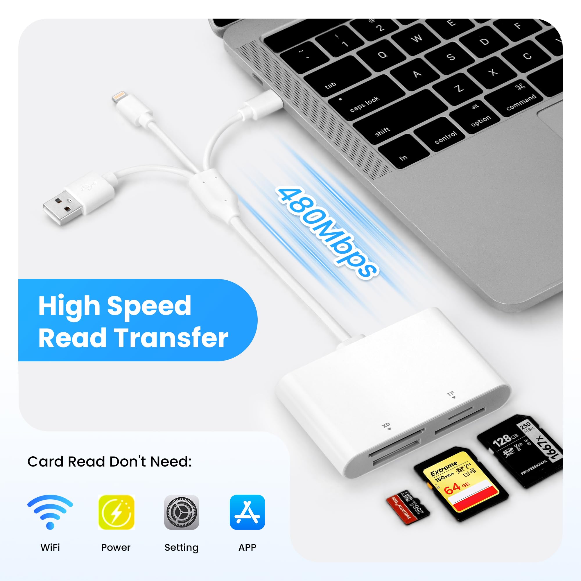3-in-1 SD-Leser iPhone, Lightning/USB-A/USB-C Adapter SD/TF/XD-Karten (Cremeweiß)