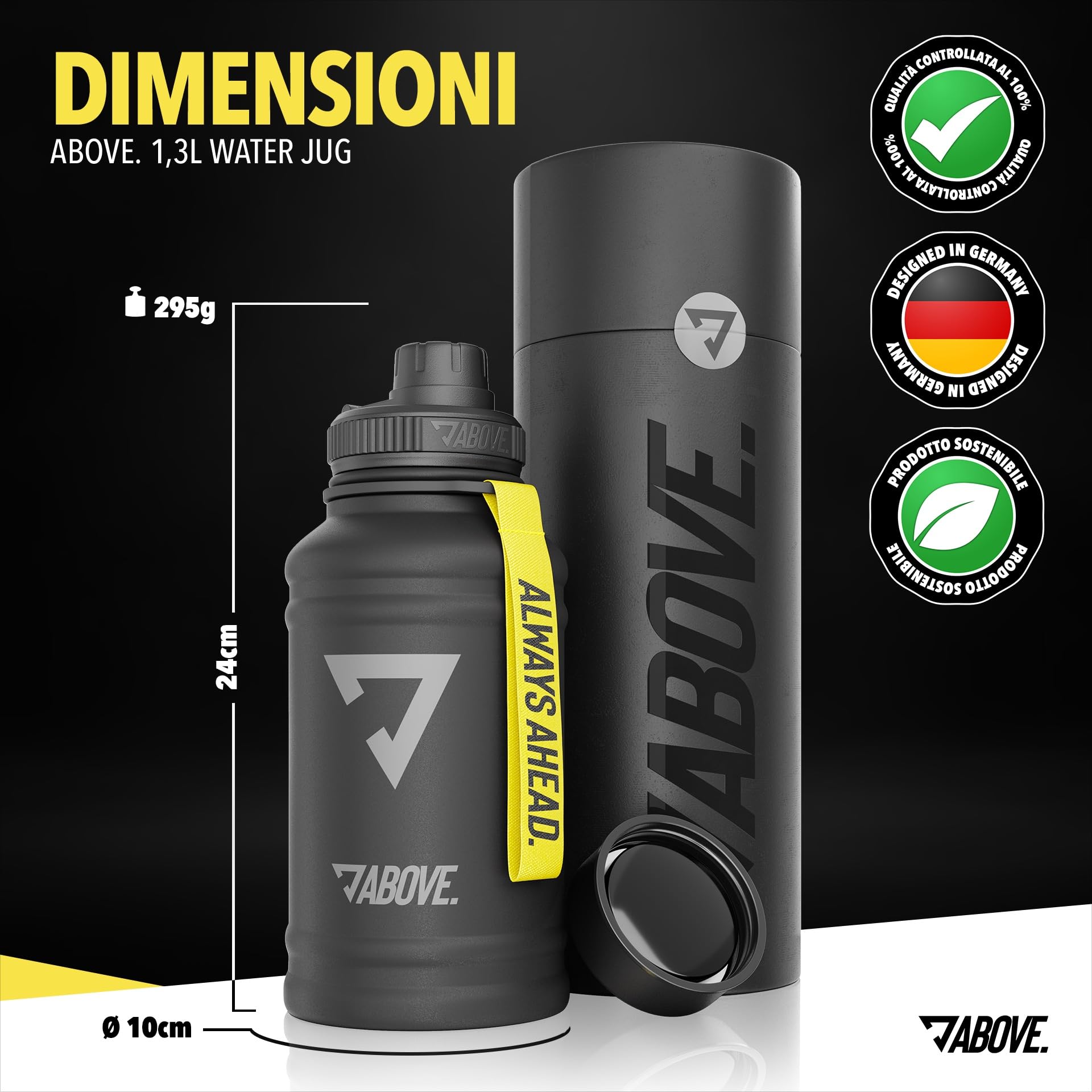 ABOVE. Stainless Steel Water Bottle 1.3L / 2.2L - BPA Free, Robust and Leak Proof - with 2 Caps Included for Fitness, Sports and Outdoor - Non-Thermal (1.3L Black) - 4