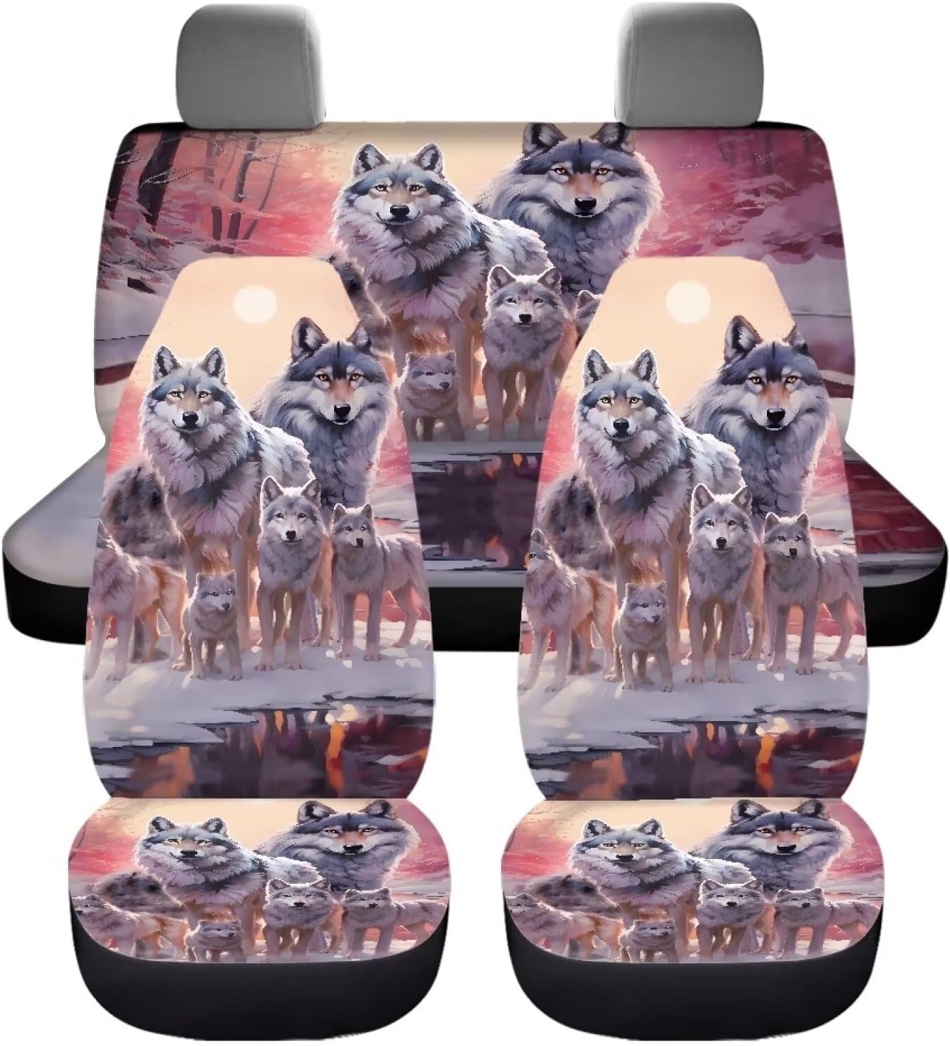 Wolf Print 4Pcs Car Seat Cover Vehicle Front and Rear Bench Back Seat Cover Full Set Fits for SUV Truck Van Sedan Auto Interior Accessories
