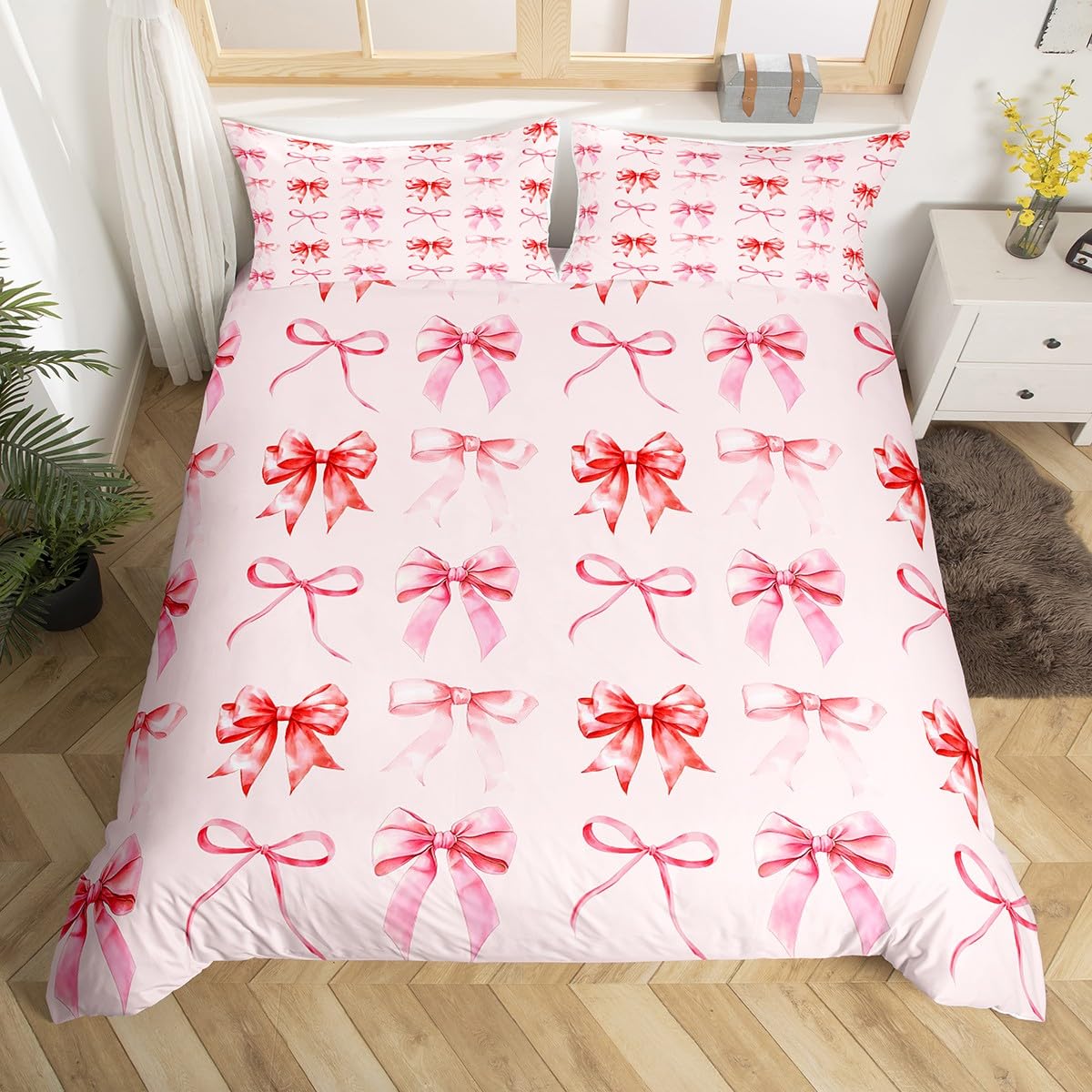 Homewish Cute Bowknot Bedding Set Double,Red Pin Ribbon Bow Duvet Cover for Girls Kids Princess,Geometric Butterfly Tie Print Bed Set,Various Bowtie Quilt Cover