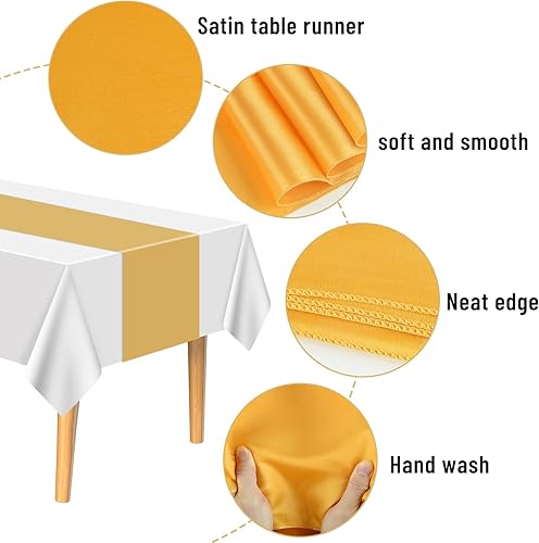 Miniatura 4 de PLULON Juego de 12 manteles de plástico y camino de mesa de satén, color blanco, rectangular, camino de mesa dorado para boda, cumpleaños, Navidad,