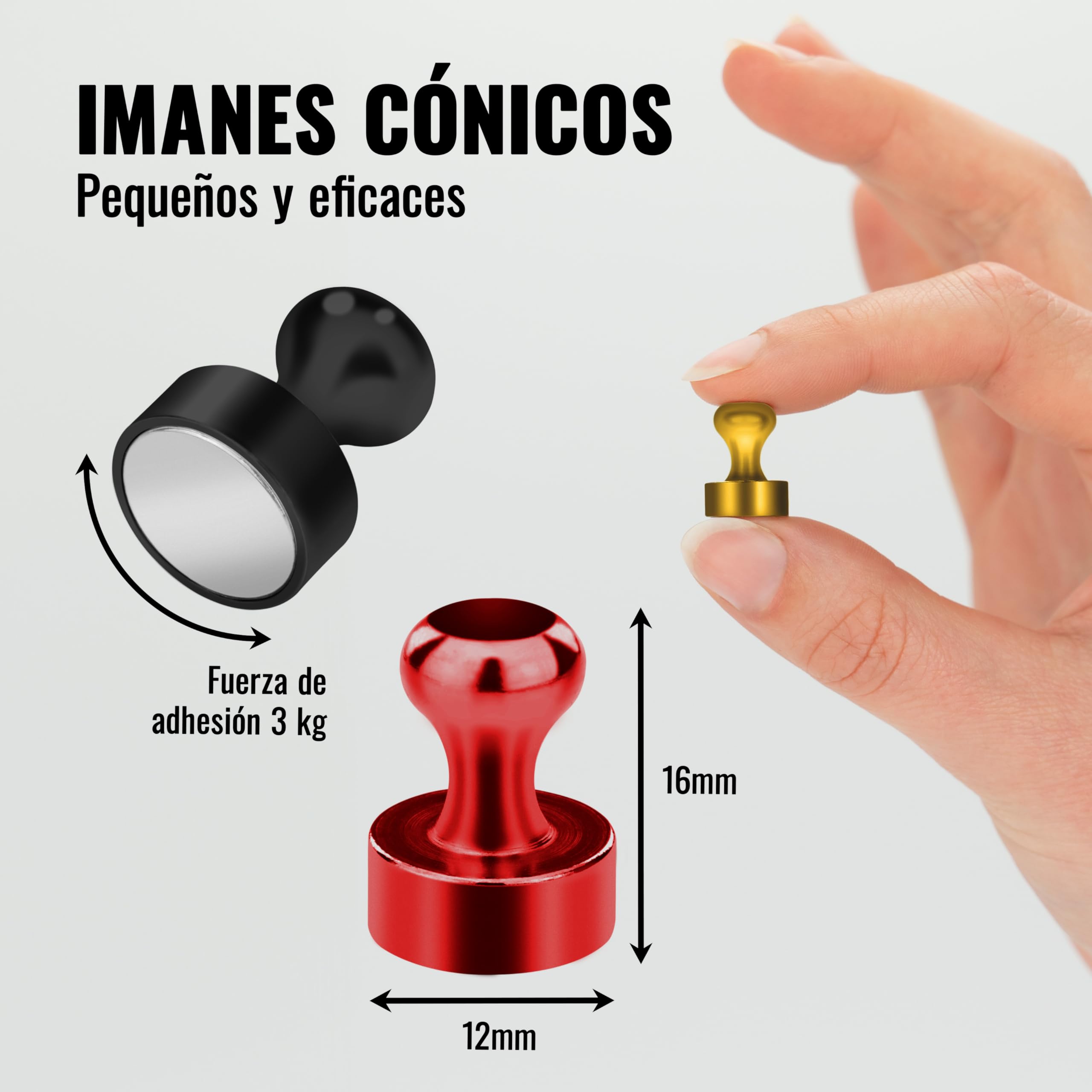 Poppstar 24x Imanes cónicos (12x16 mm, Fuertes, Fuerza de adhesión 3 kg), Colores: Negro, Blanco, Rojo, Azul, Verde, Amarillo
