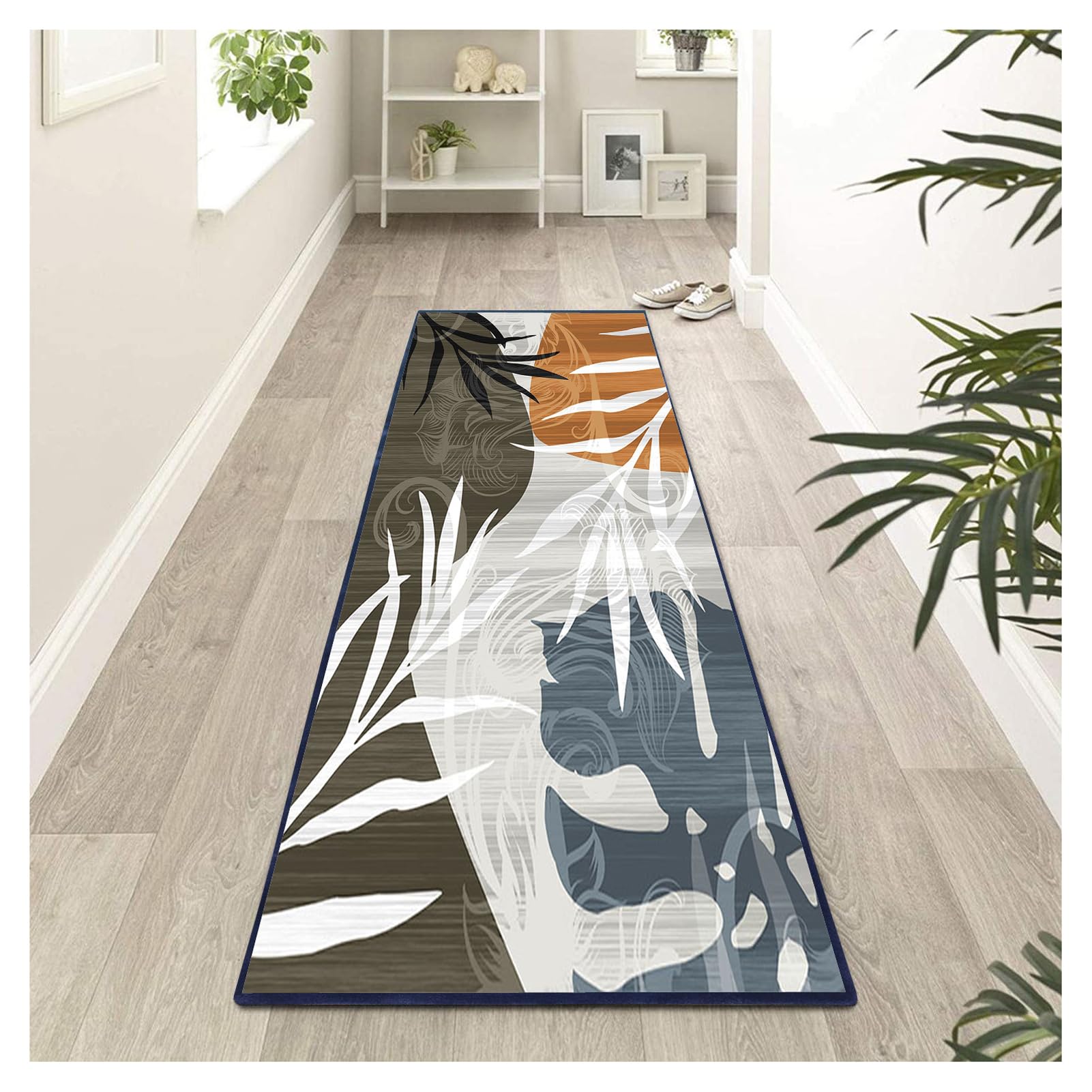 Tapis de Cuisine 60X180cm Tapis Long Couloir, Lavable Antiderapant Gris, Bleu, Orange, Motif de Feuilles Tapis de Passage Tapis Cuisine Devant evier pour Couloir, Passage, Chambre