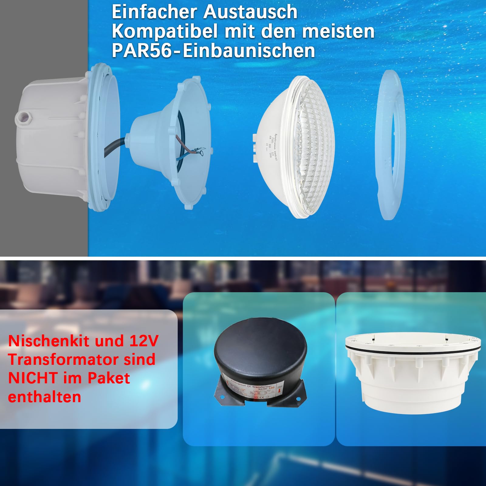 LED Poolbeleuchtung RGB, 40W PAR56 Unterwasser Led Lichter, Schwimm Badleuchte Externe Synchronisation Mit Fernbedienung Pool Light, 12V AC IP68 Wasserdicht für Landschaft, Garten