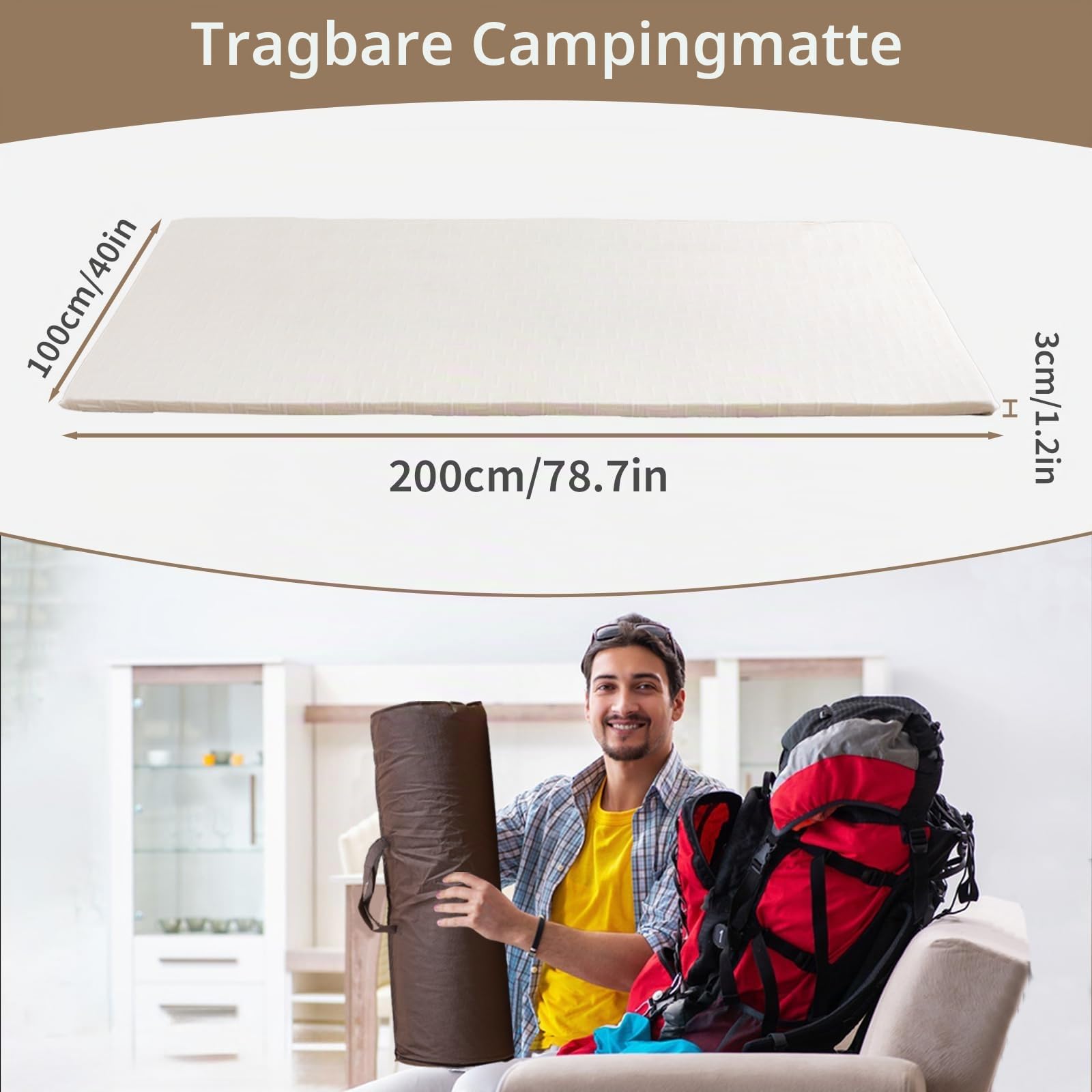 KAIHAOWIN Rollbar Camping Matratze (100 x 200 cm), Campingmatratze Schaumstoff, Klappmatratze mit Tragetasche, Futon Matratze für Camping, Reisen, Zelt, Auto, Boden und Gäste