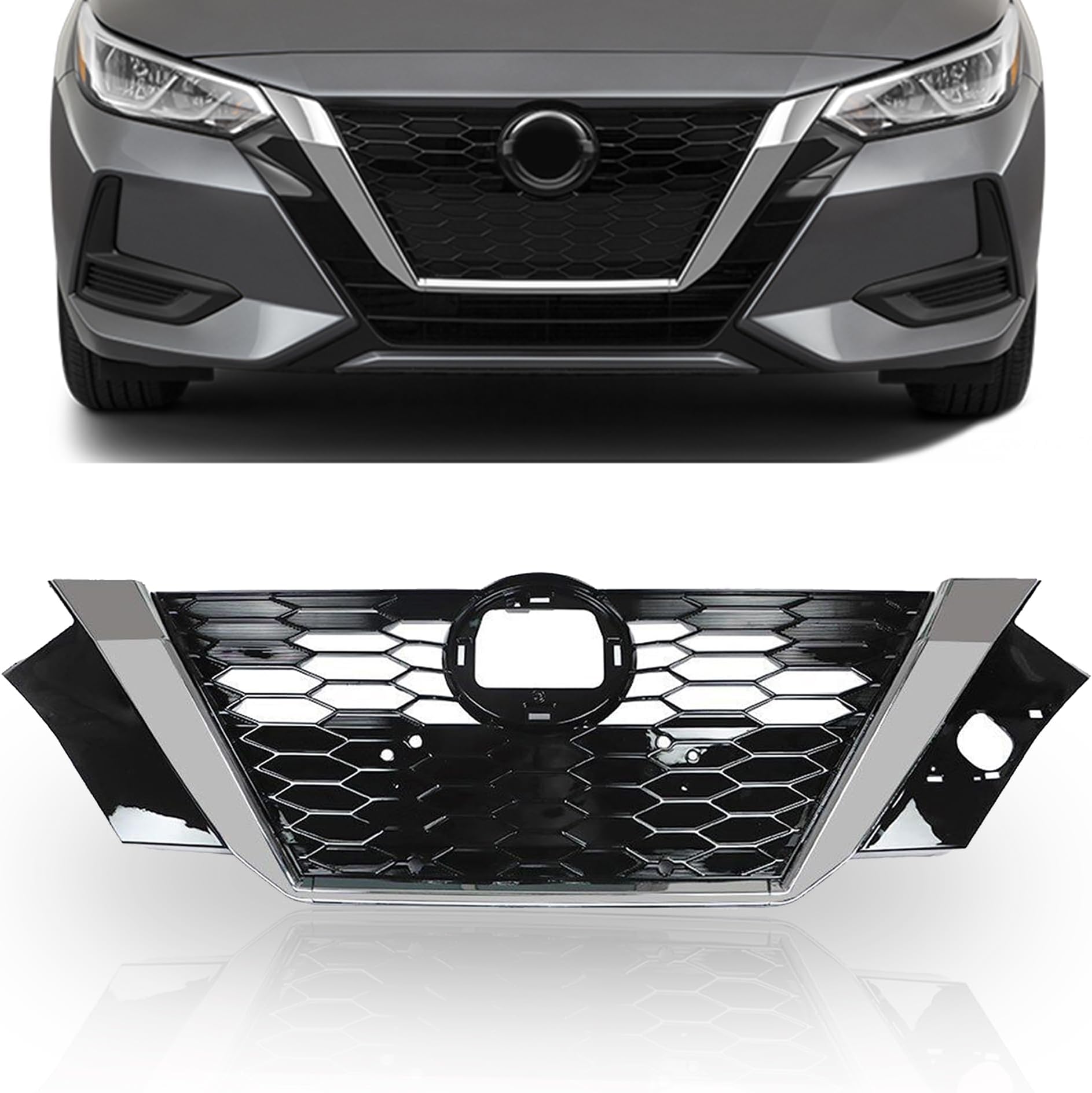 PartsFlow Front Bumper Grille Upper Honeycomb Grill Black With Chrome For 2020 2021 Nissan Sentra 623106LB0A