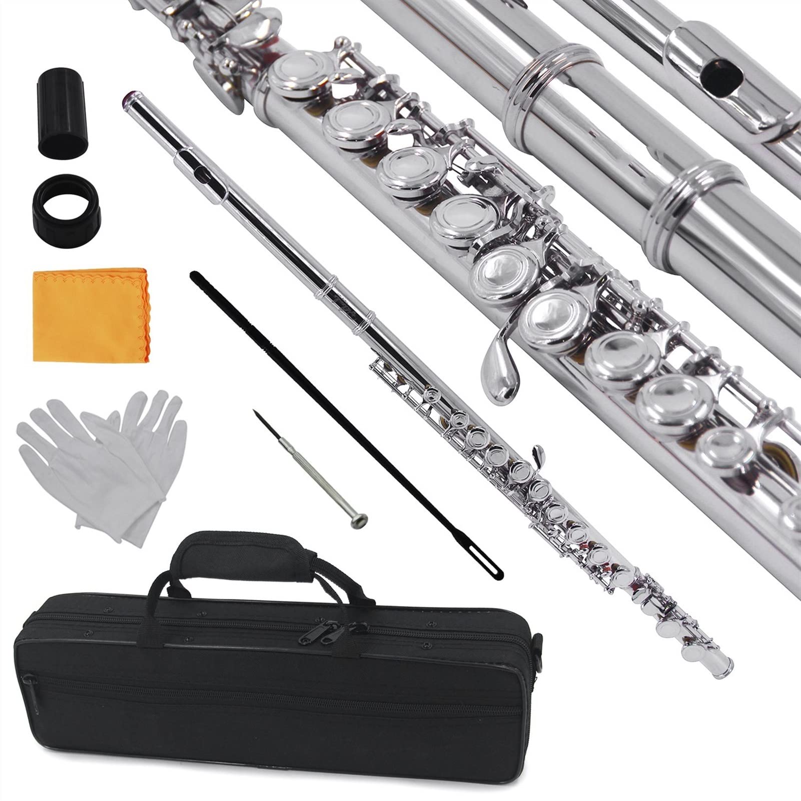 ZUZU Instrumento De Viento Niquelado Cuproníquel De 16 Teclas con Orificio Cerrado En C con Accesorios De Viento De Madera Kit Flauta