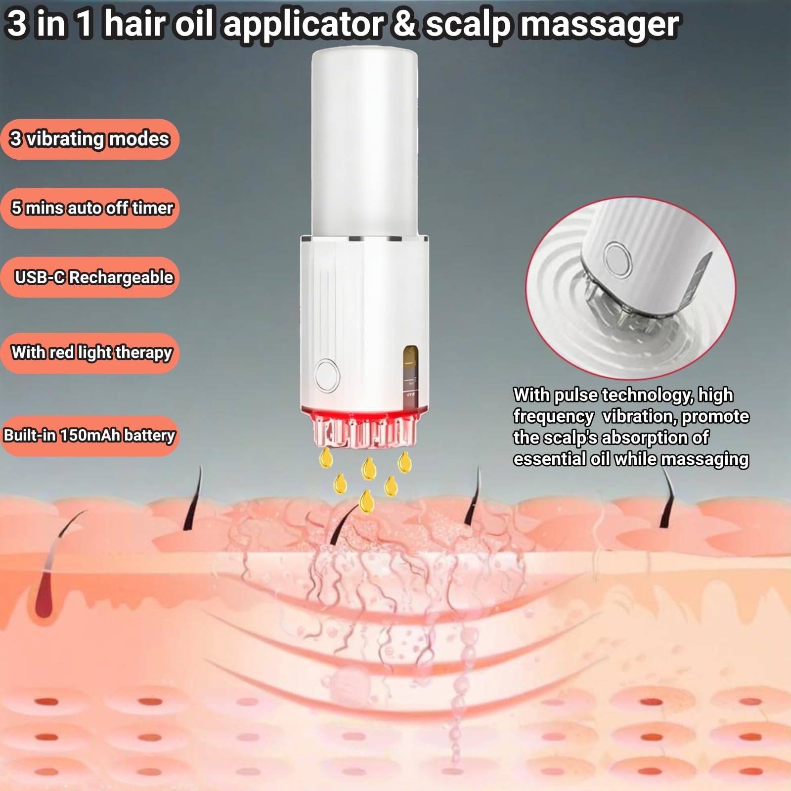 2-in-1-Kopfhautmassagegerät & Haaröl-Applikator – 3 Vibrationsmodi, 70-ml-Flasche & 2-ml-Präzisionsspender, USB-C wiederaufladbar, Rotlichttherapie – Geschenk für Frauen & Männer