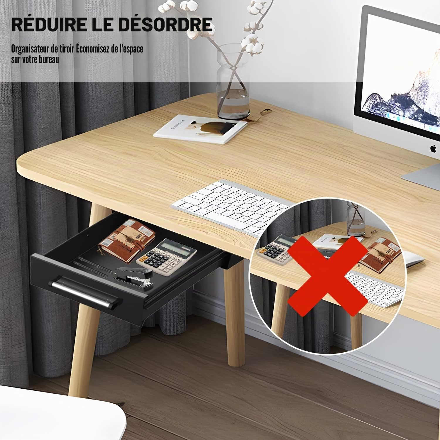 UNITEDPOWER Tiroir de rangement sous le bureau, tiroir de comptoir caché, organiseur coulissant en métal, hauteur de support optionnelle, noir