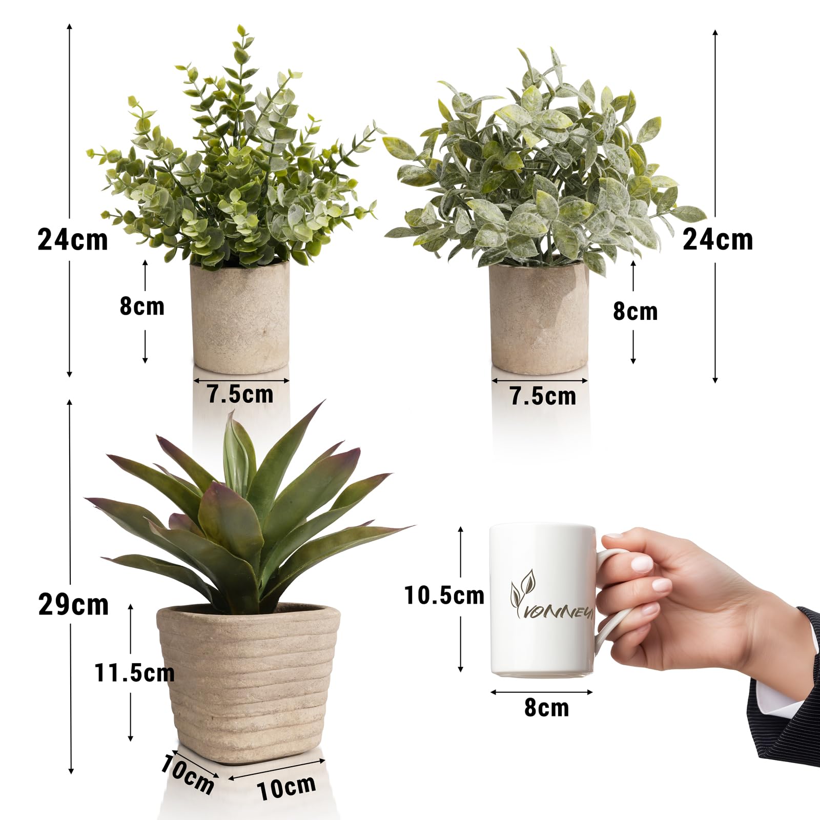 YVONNEYI 3 piante artificiali, decorazione per piante artificiali, finte di eucalipto, piante di aloe, per fattoria, ufficio, cucina, bagno, stanza, decorazione greenery con vasetto
