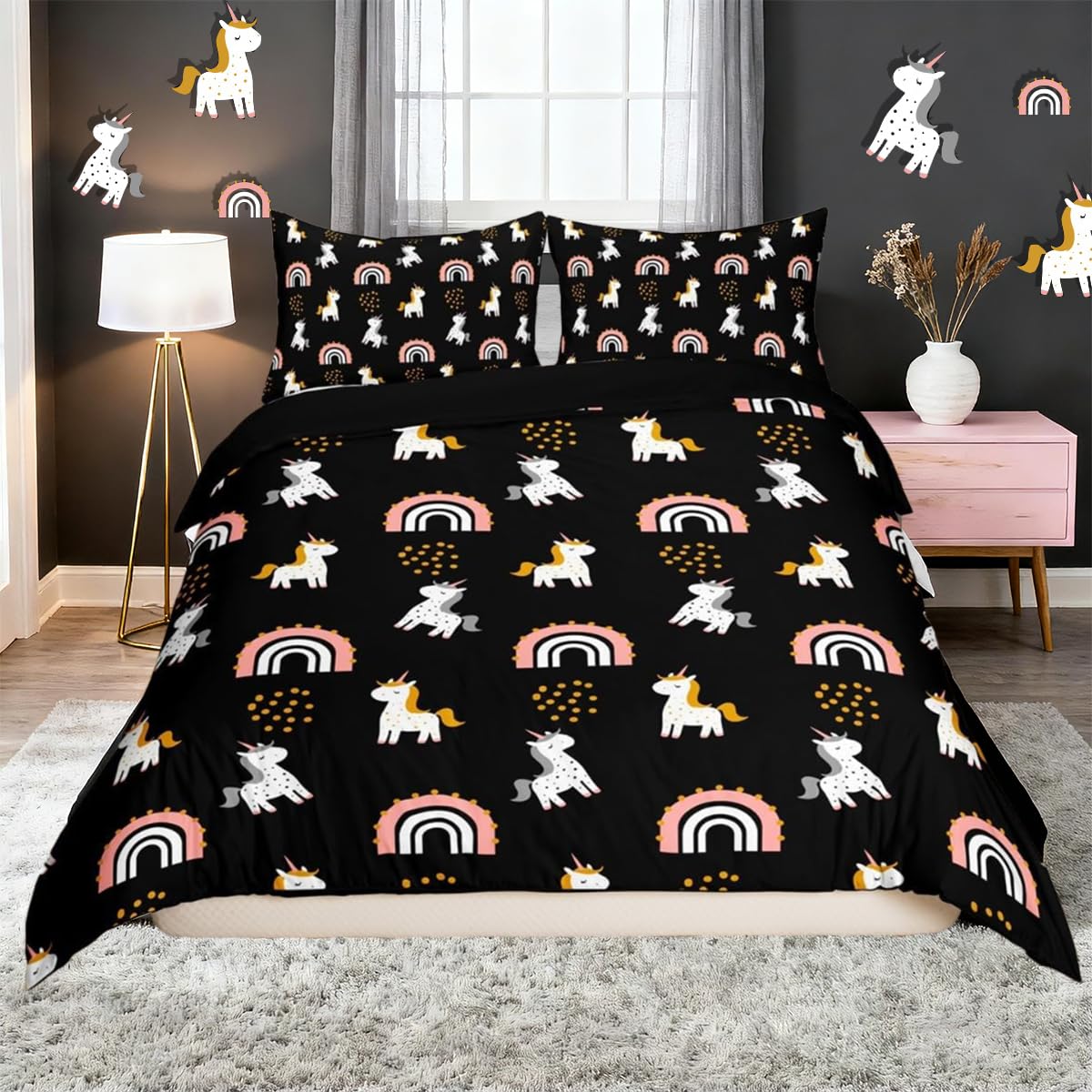 Homemissing Girl Unicorn Duvet Cover Set Double Size Children Kawaii Rainbow Bedding Set Floral Flower Duvet Cover with 2 Pillowcases Rainbow Black — image 1